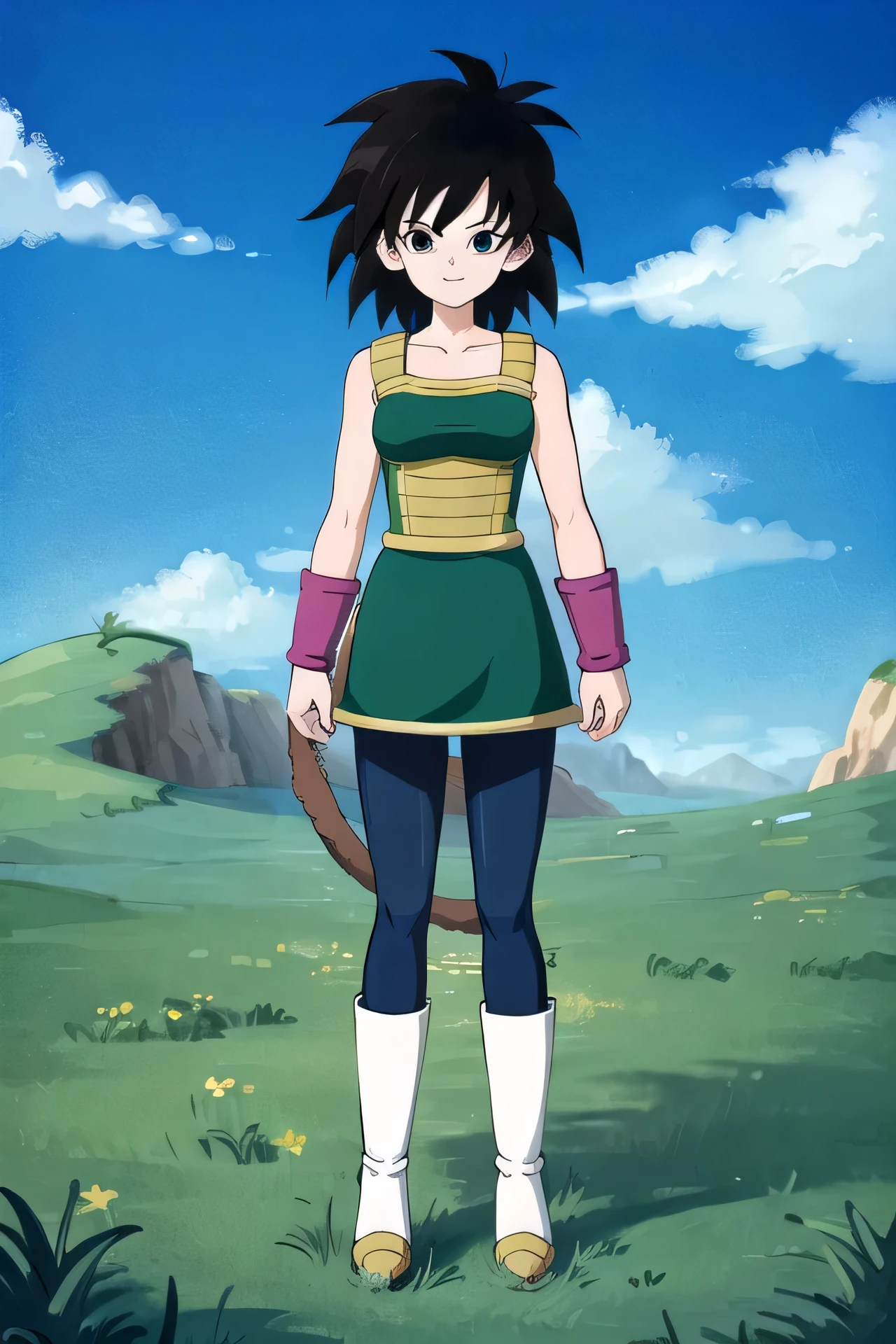 gine, black hair, spiky hair, breasts, bare shoulders, collarbone, black eyes,bracers, monkey tail, (green saiyan armor), saiyan skirt, black pantyhose, looking at viewer, smiling, medium shot, standing, outside, park, grass, blue sky, high quality, masterpiece, 