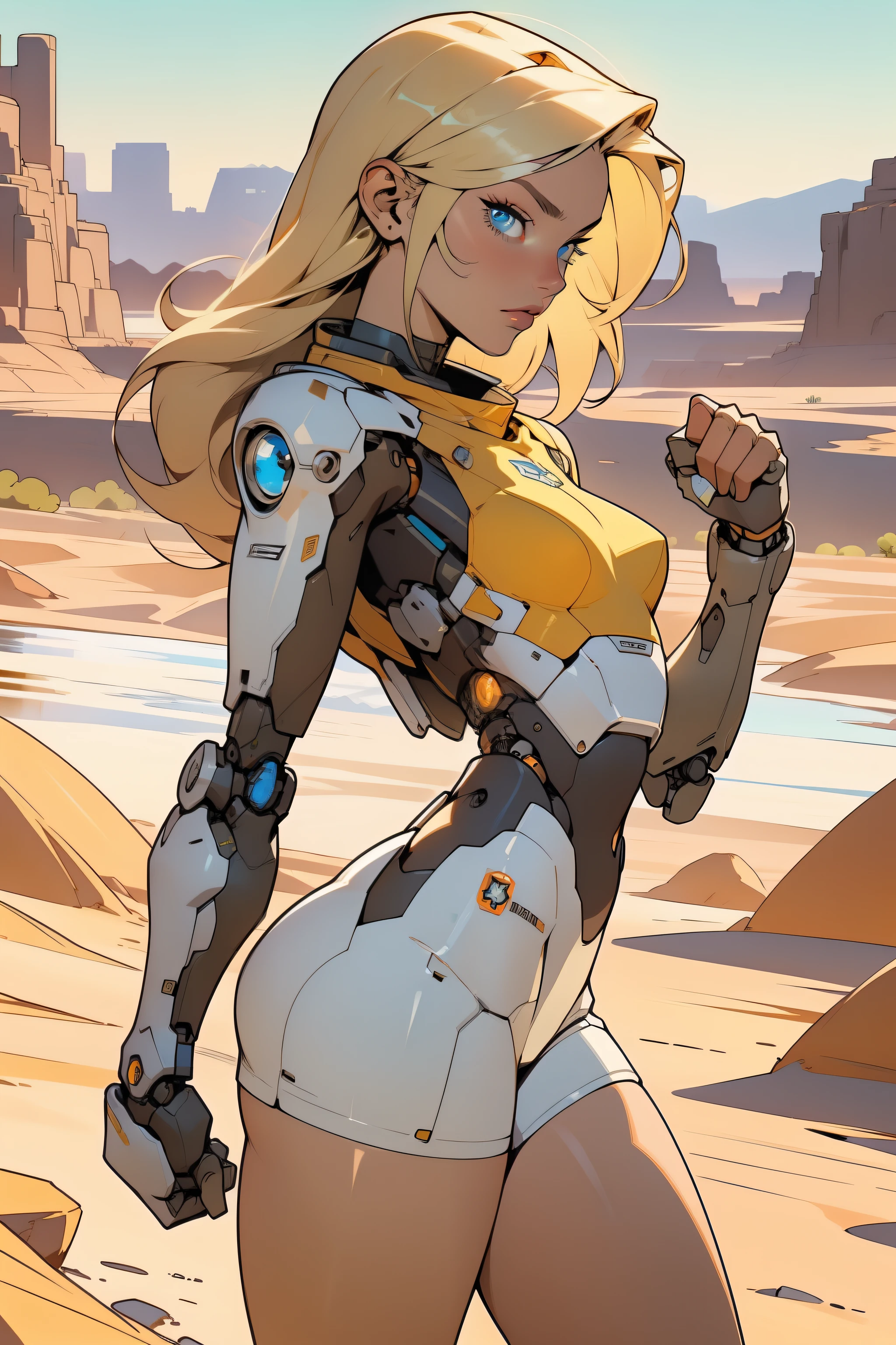 high quality, 4k, masterpiece, beautiful, cyborg girl, cowboy shot, blue eyes, back side, turning around to look at viewer, long blonde hair, girl, small breasts, fit thighs, robotic arms, robotic body, cyborg body, white & yellow uniform, orange accent, intricate detail, joint, detailed lines, robotic detail, holding fist up, holding hand up as fist, color robotic parts, robotic parts with color, perfect fingers, on a desert planet, sunny background, colorful desert, a river or a lake in the background, slender thighs, skinny thighs,