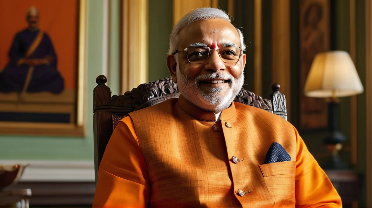 (realistic:1.3), finely detailed, quality, rembrandt lighting, (masterpiece:1.2), (photorealistic:1.2), (best quality), (detailed skin:1.3), (intricate details), dramatic, ray tracing, medium breasts, (Meadow)( sitting ),Prime Minister of india Narendra Modiji dressed up a Orange Kurta and pajama,Smile in face, Playing Free fire on Android, sitting in the chair and table where Indian flag is sitauted, Ultra quality, show proper details