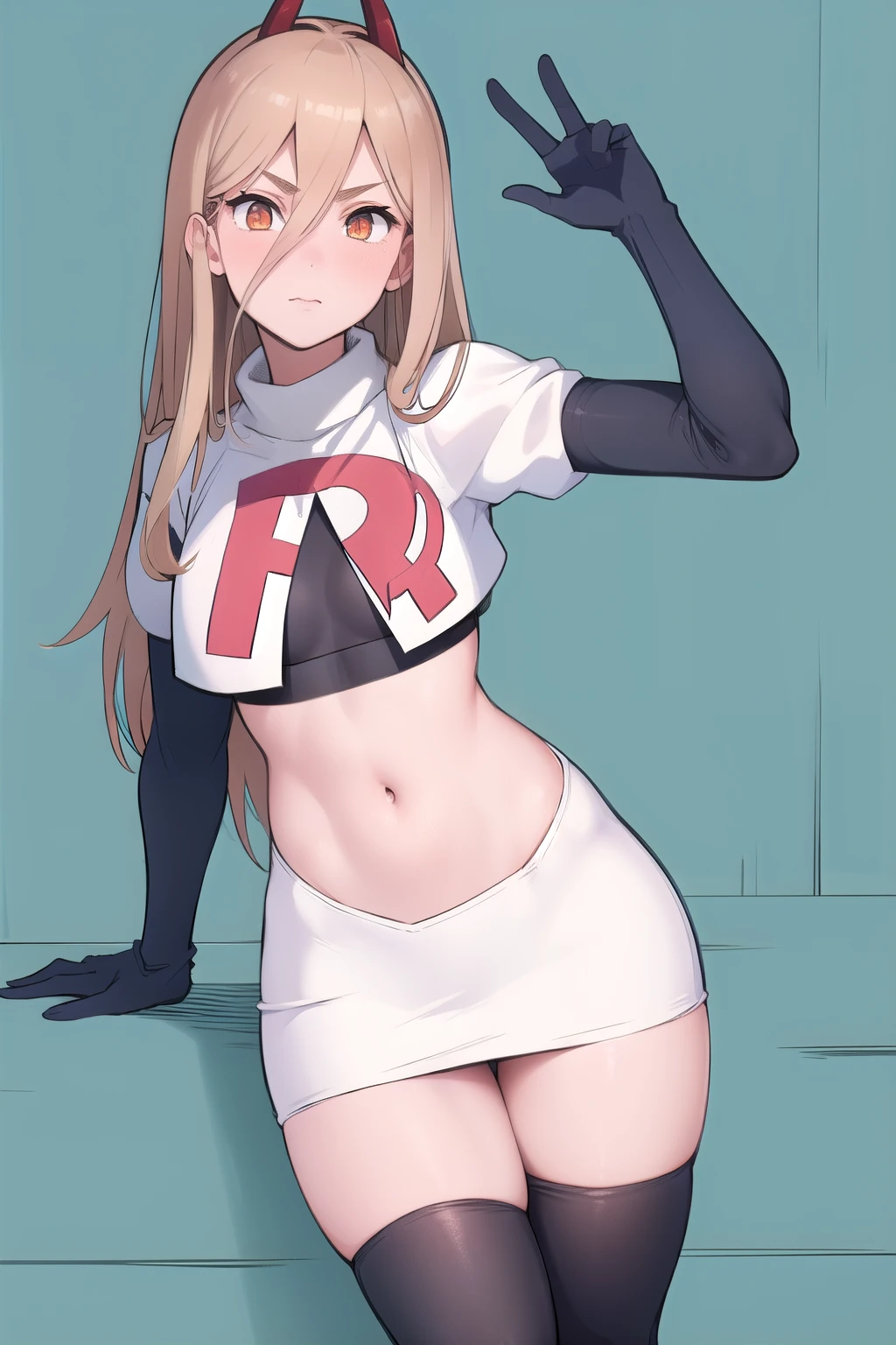 (masterpiece, best quality:1.2), solo, 1girl, power \(csm\), cross-shaped pupils, team rocket,team rocket uniform,white skirt,red letter R,crop top,black thigh-highs,black elbow gloves