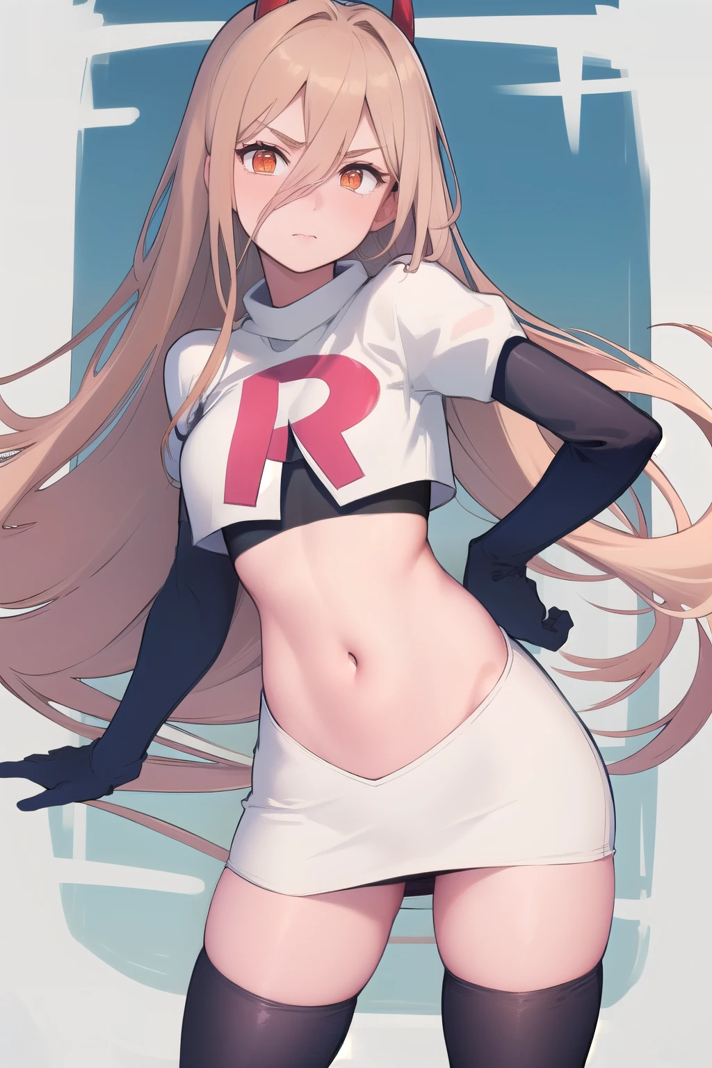 (masterpiece, best quality:1.2), solo, 1girl, power \(csm\), cross-shaped pupils, team rocket,team rocket uniform,white skirt,red letter R,crop top,black thigh-highs,black elbow gloves