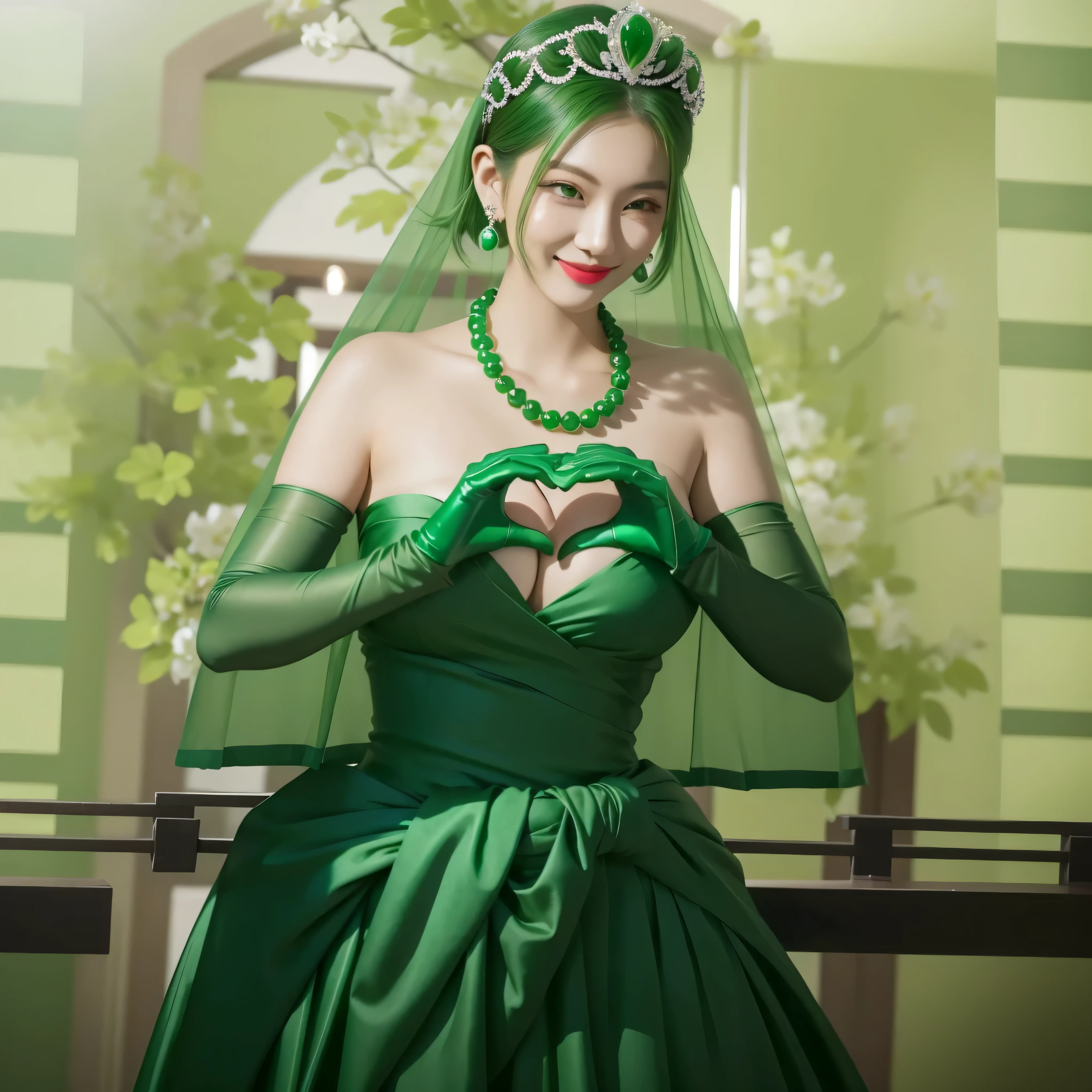 Emerald Tiara, Green Pearl Necklace, boyish very short green hair, Green Lips, Smiling Japanese woman, Very short hair, Beautiful woman with big breasts, Green Eyes, Green satin long gloves, Green Eyes, Emerald Earrings, Green Vale, Heart with both hands, Green Hair, Beautiful Japanese Women, Heart shaped hands:1.3, green lip gloss