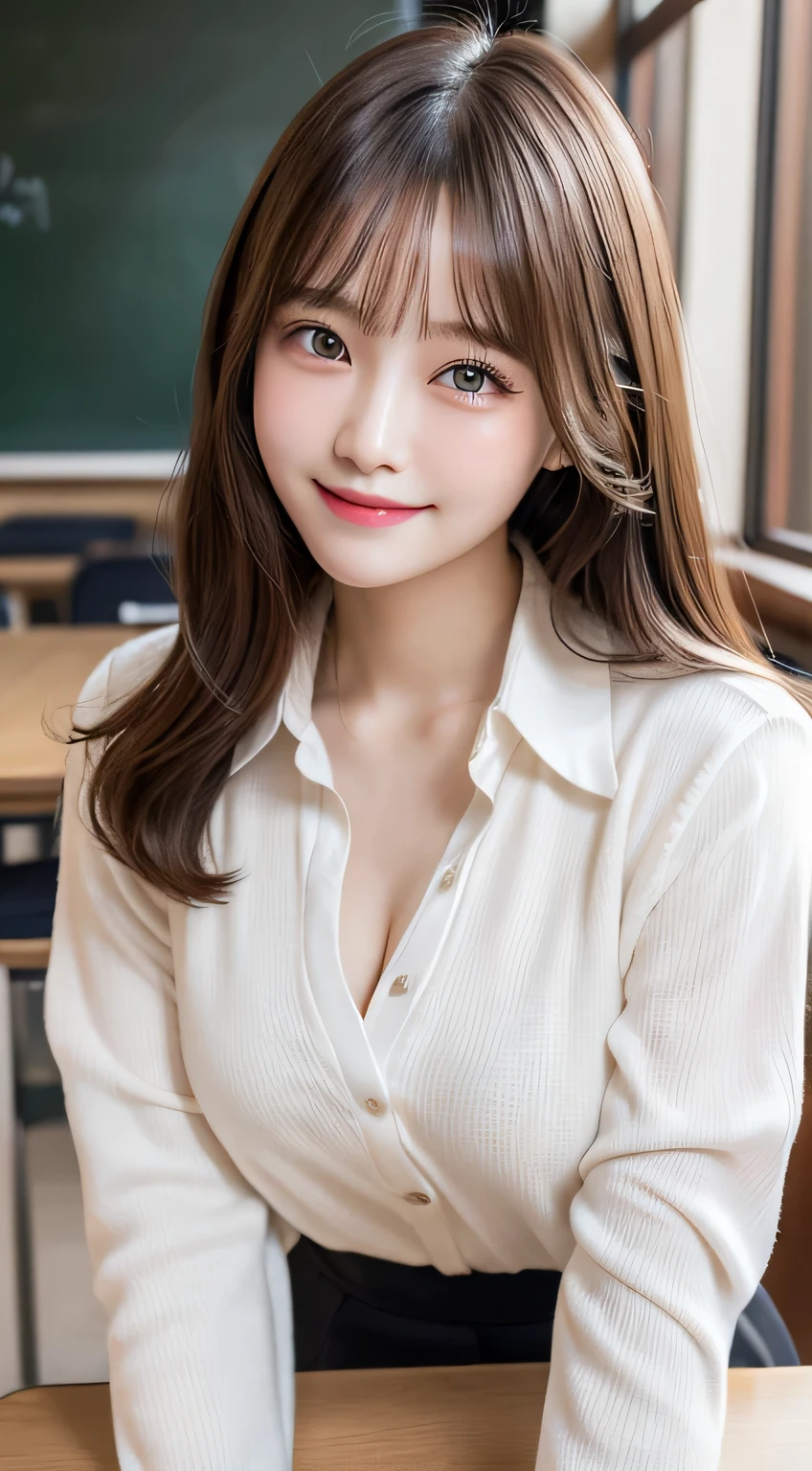cowboy shot, masterpiece, top quality, high resolution, HDR, 8k, very beautiful Japanese girl in casual office shirt, black hair, bangs, ((big breasts)), concentrated face, smile, happy, random pose, perfect