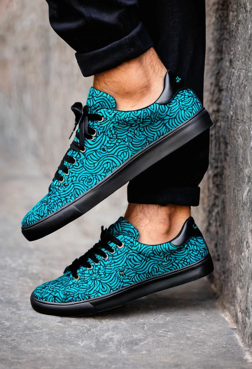 Black men&#39;s sneakers. Estampado com linhas desorganizadas em azul turquesa.