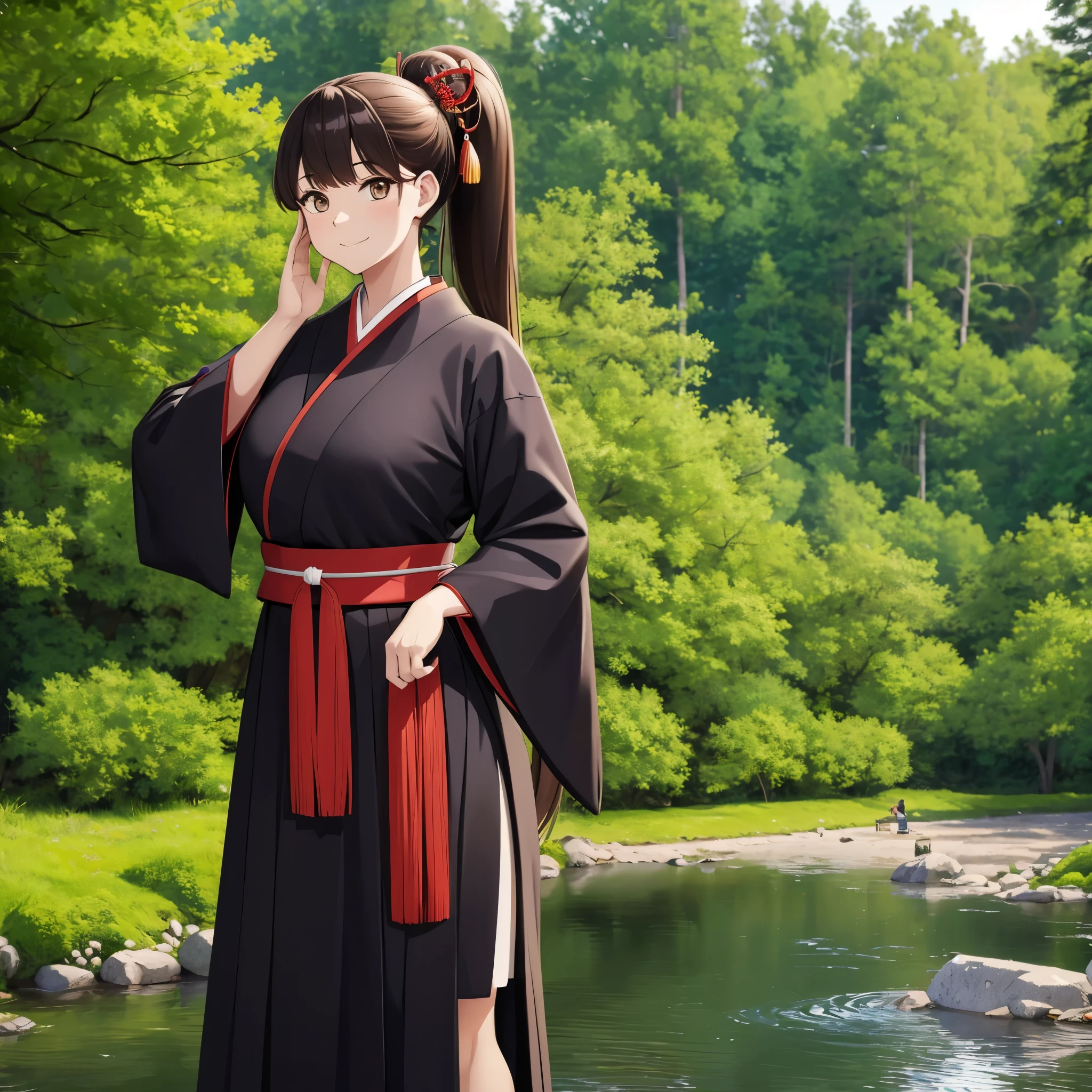 A woman wearing traditional samurai uniform, long brown hair, ponytail hair, long black skirt, in a Japanese themed forest, with a lake, trees providing shade, brown eyes, smiling, HDR, ultra resolution, well defined, masterpiece, 8K HD (woman solo )
