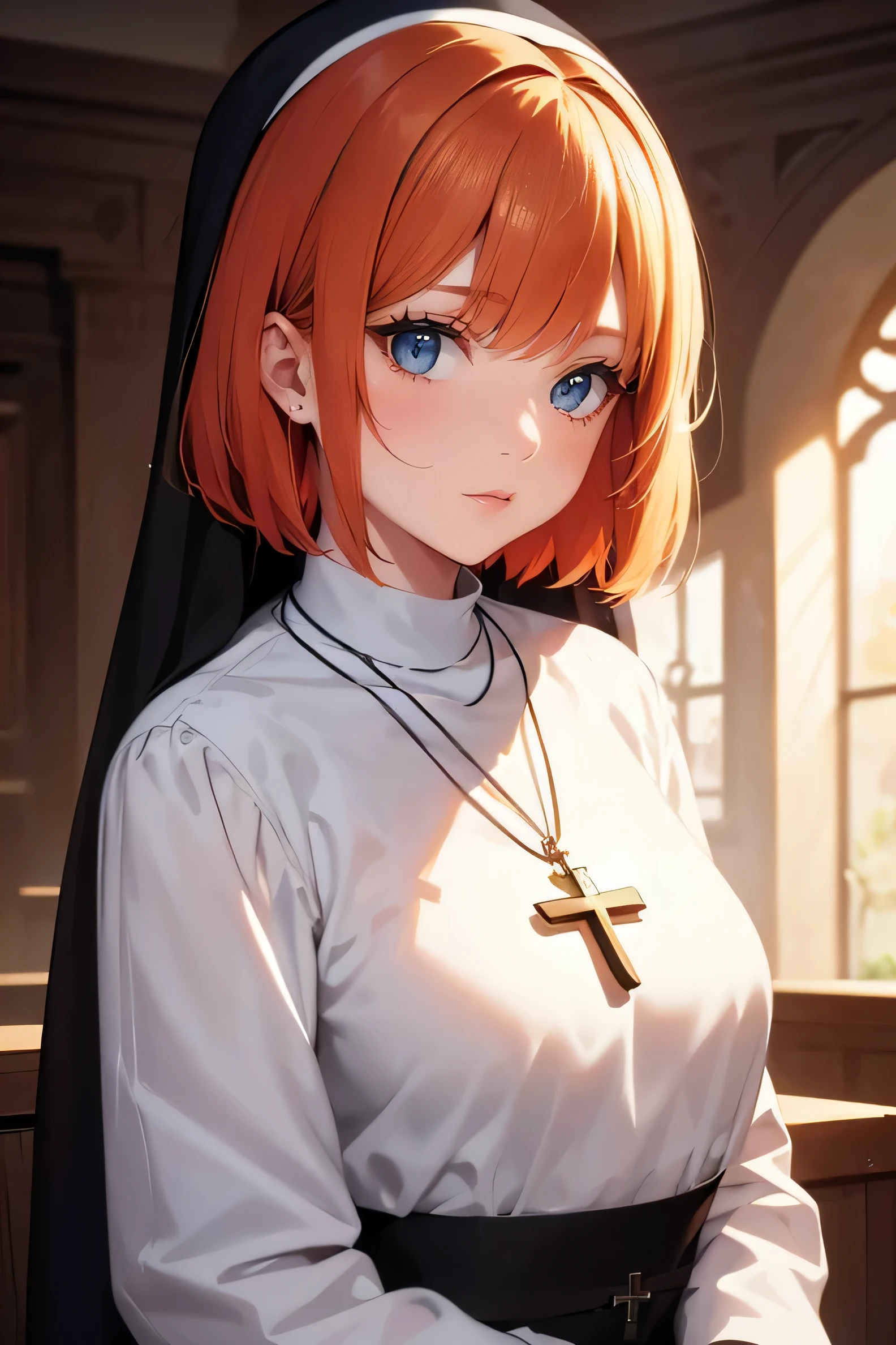 Ginger hair, short hair, straight bangs, nun uniform, woman, illustrations, high-quality, ultra-detailed, realistic, vivid colors, portraits, warm tones, soft lighting. ((Necklace with a cross)). Woman.