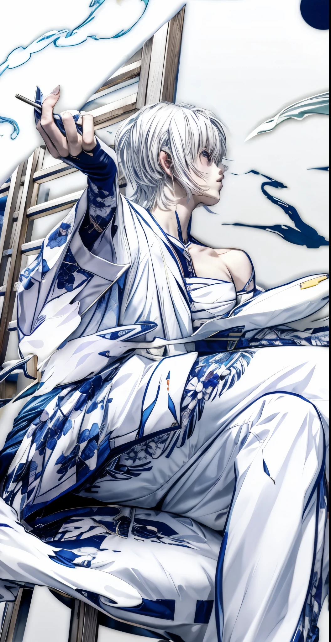 anime girl with white hair sitting on a chair with a knife, Takeda Kaneshiro, Wind Breaker, inspired by amano, inspired by Kusumi Morikage, 4 k manga wallpaper, anime character; full body art, best anime 4k konachan wallpaper, style of yoshitaka amano, white haired deity, badass anime 8 k, neferpitou