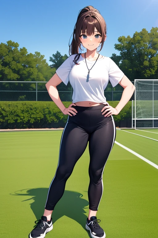 [((masterpiece)), ((HD)), ((high res)), ((full body portrait)), ((waist-up)), ((front view)), ((detailed shading)), ((soft textures)), ((intricate details)), ((anime girl)), ((cinematic)), {attractive; ((36 year old woman)), (brown hair), (short ponytail), (cute blue eyes), ((athletic body)), (curvy hips), (beautiful legs), (cute grin)}, {(white T-shirt), (Black gym sweat pants), (whistle necklace), (black tennis shoes)}, {(standing), (hands on hips), (looking ahead), (looking at viewer)}, [background; (grass plains), (school soccer field), (blue sky), (clouds in sky), (ambient lighting)]
