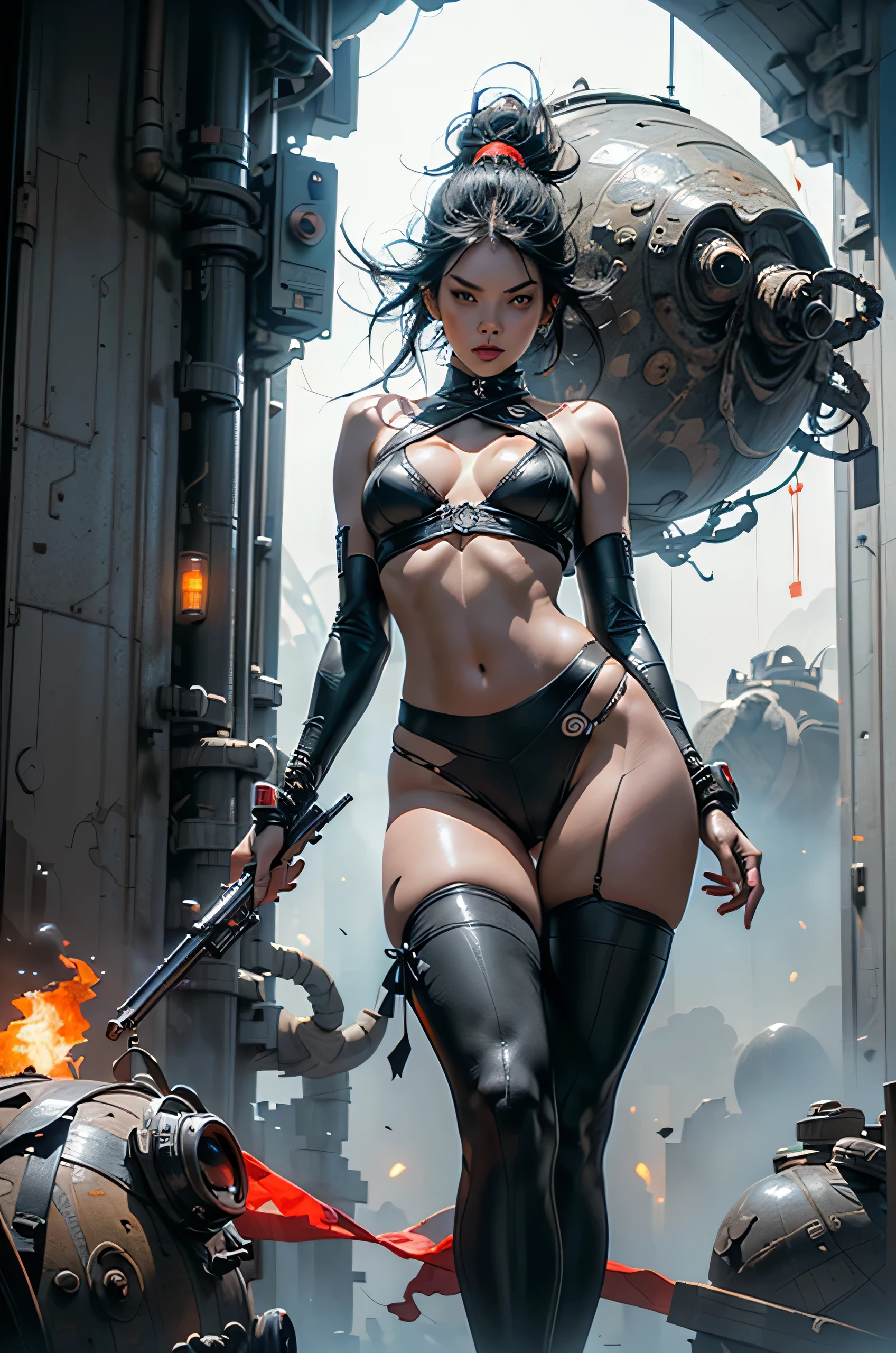 ((Create Odin girl 16+), (facing the viewer, standing close-up, full height), (smoke, fire, shooting), (thin graceful body, facing the viewer, firing from a powerful modern weapon at alien monsters ), (dynamic pose), (heavy, huge weapon - a machine gun, held with two hands), (stands with legs wide apart), (sexy, ), (tender scarlet lips), (straight, long black hair), (small thong , short T-shirt, bare shoulders), (narrow hips, beautiful breasts))_((Artistic Stylization), (3D animation, fantastic comic book film), (clear line, clear outline, high-quality linear drawing, shading))_(( Simple color palettes), (color fill, color richness, saturation, harmony, balance), (background - dark, cold tones, gloomy spaceship environment), (science fiction - horror, - cyberpunk, deep space, spaceship))_( (Sexy, erotic), (powerful - a huge machine gun in his hands), (hands in elbow pads, palms dressed in tactical gloves), (bare thighs, thongs, bare belly-navel, minimal clothing), (legs in combat knee pads, stockings, leggings up to hips - sexy), (massive leather military lace-up boots), (space design, dramatic scene, combat situation))_((Background, fantastic ship lock, (films; Lucas Arts, R.Sh. Giger "Alien", Giger's monsters, space monsters), (stunning scene of shooting in a spaceship - "Alien" monsters), (bright hot light from the barrel of a machine gun, cold contrasting shadows))_ ((Cinematic masterpiece, highest quality), (horizontal clear frame), (contrasting shadows, clear, bright flash light), (warm range of colors, hot light, contrasting light with cold shadows))_((Cinematic animation,), (soft clear shapes, wide strokes, attention to detail), (16K | Ultra HD | Full HD)).