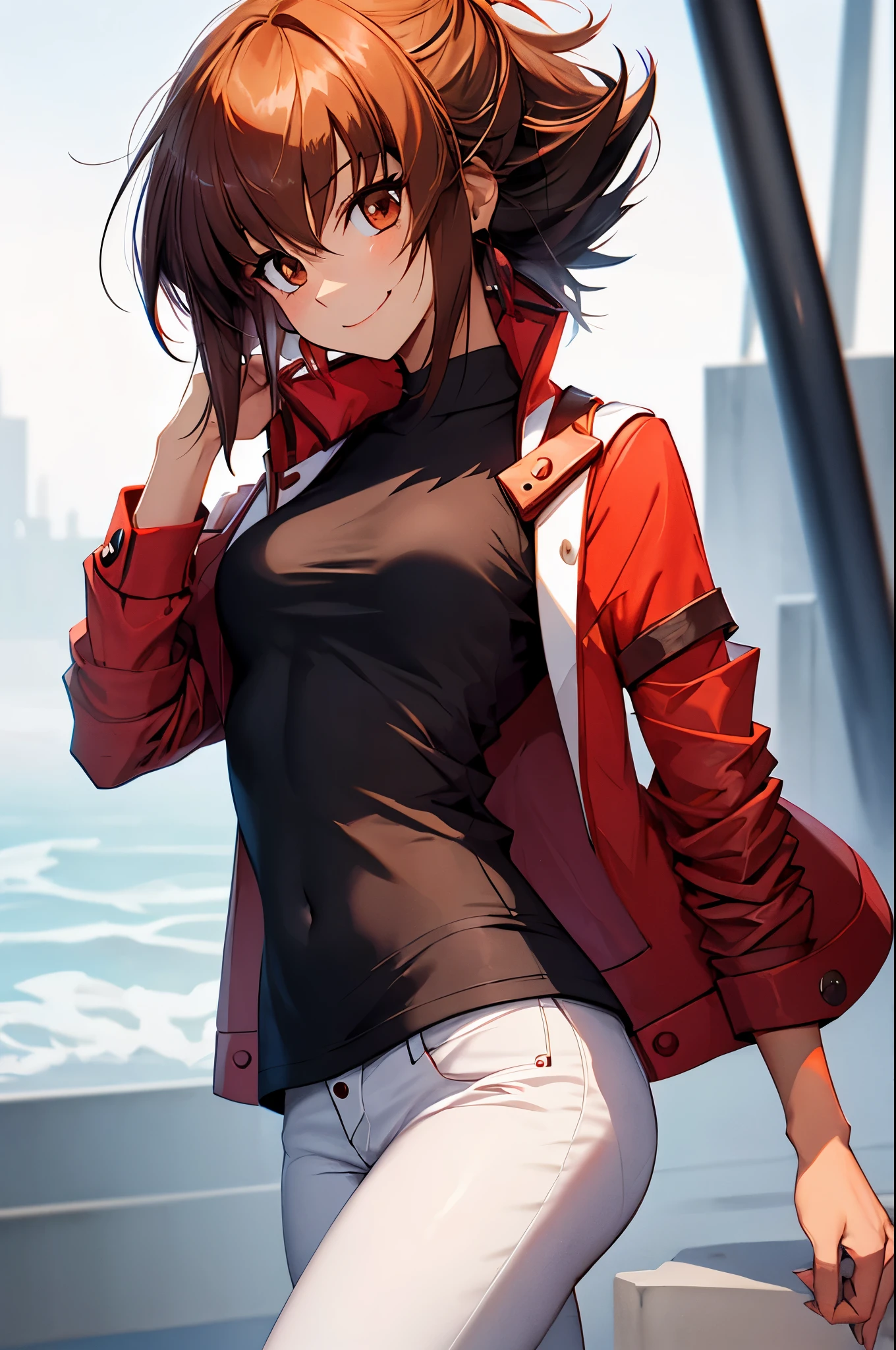 Yuuki Judai, 1girl,(female:1.5), Brown hair, Solo, Red jacket, Bangs, Black shirt, Open jacket, hair between eye, Long hair, Smile, White pants, red footwear,Duel Academy Uniforms (Yu-Gi-Oh! nffsw),
(Close Shot, Best Quality, hight resolution, 4K, Detailed Lighting, Shaders), 
Smile,
Looking at Viewer, Cowboy Shot,
