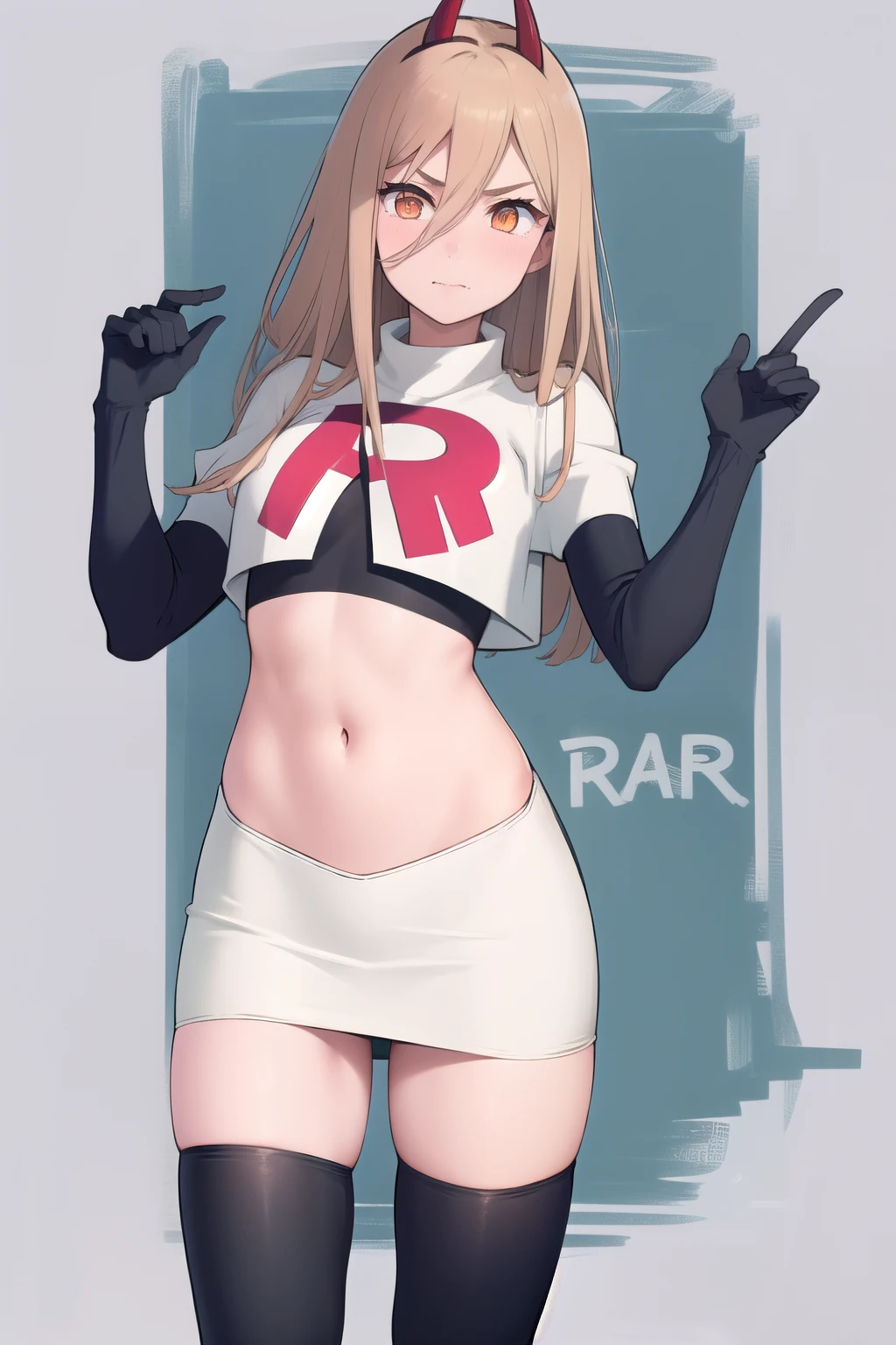 (masterpiece, best quality:1.2), solo, 1girl, power \(csm\), cross-shaped pupils, team rocket,team rocket uniform,white skirt,red letter R,crop top,black thigh-highs,black elbow gloves