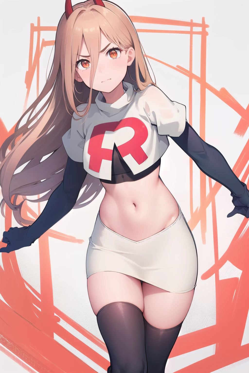 (masterpiece, best quality:1.2), solo, 1girl, power \(csm\), cross-shaped pupils, team rocket,team rocket uniform,white skirt,red letter R,crop top,black thigh-highs,black elbow gloves