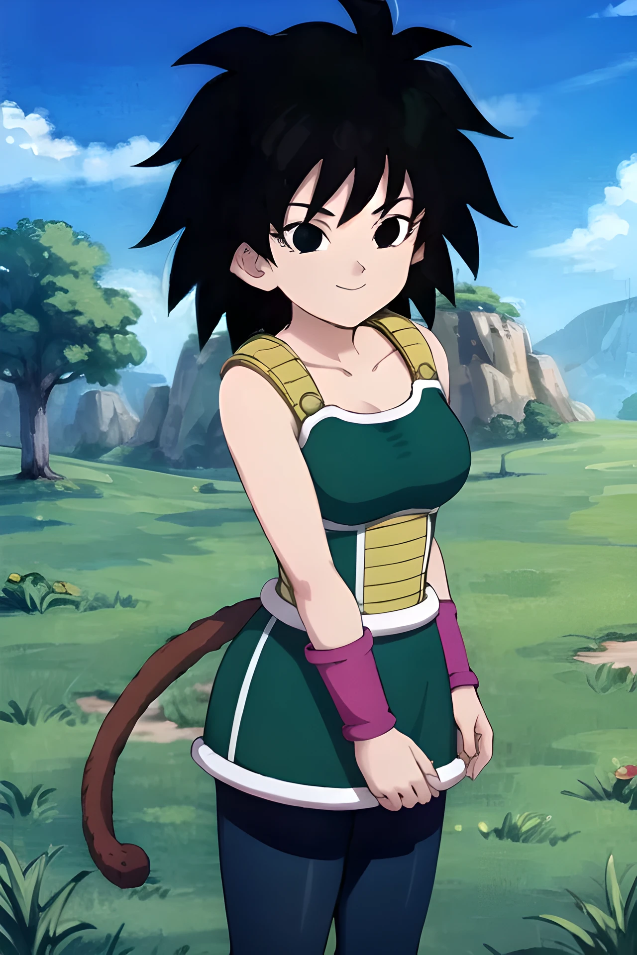 gine, black hair, spiky hair, breasts, bare shoulders, collarbone, black eyes, bracers, monkey tail, (green saiyan armor), saiyan skirt, black pantyhose, looking at viewer, smiling, medium shot, standing, outside, park, grass, blue sky, high quality, masterpiece, close up