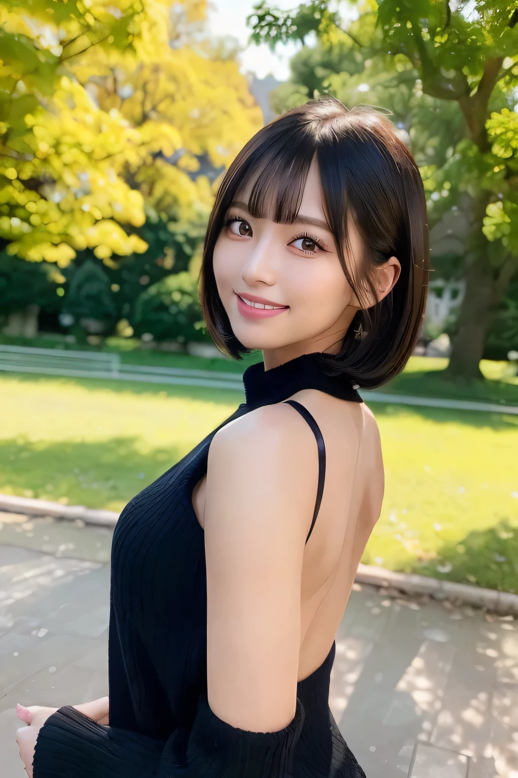 ((highest quality:1.2, 8k, Photorealistic:1.2, masterpiece:1.2, Super quality :1.2, Beautiful woman, Backlight, Highly detailed facial textures, Detailed beauty makeup, Realistic Skin, Double eyelids with attention to detail, Iris, fine bangs)), ({{{Ribbed sweater}}},Bare arms, Bare back,:1.2), (Park Background), (smile), (Shiny black details shining on bright hime cut hair), ((Cowboy Shot)), ((Low angle shot))