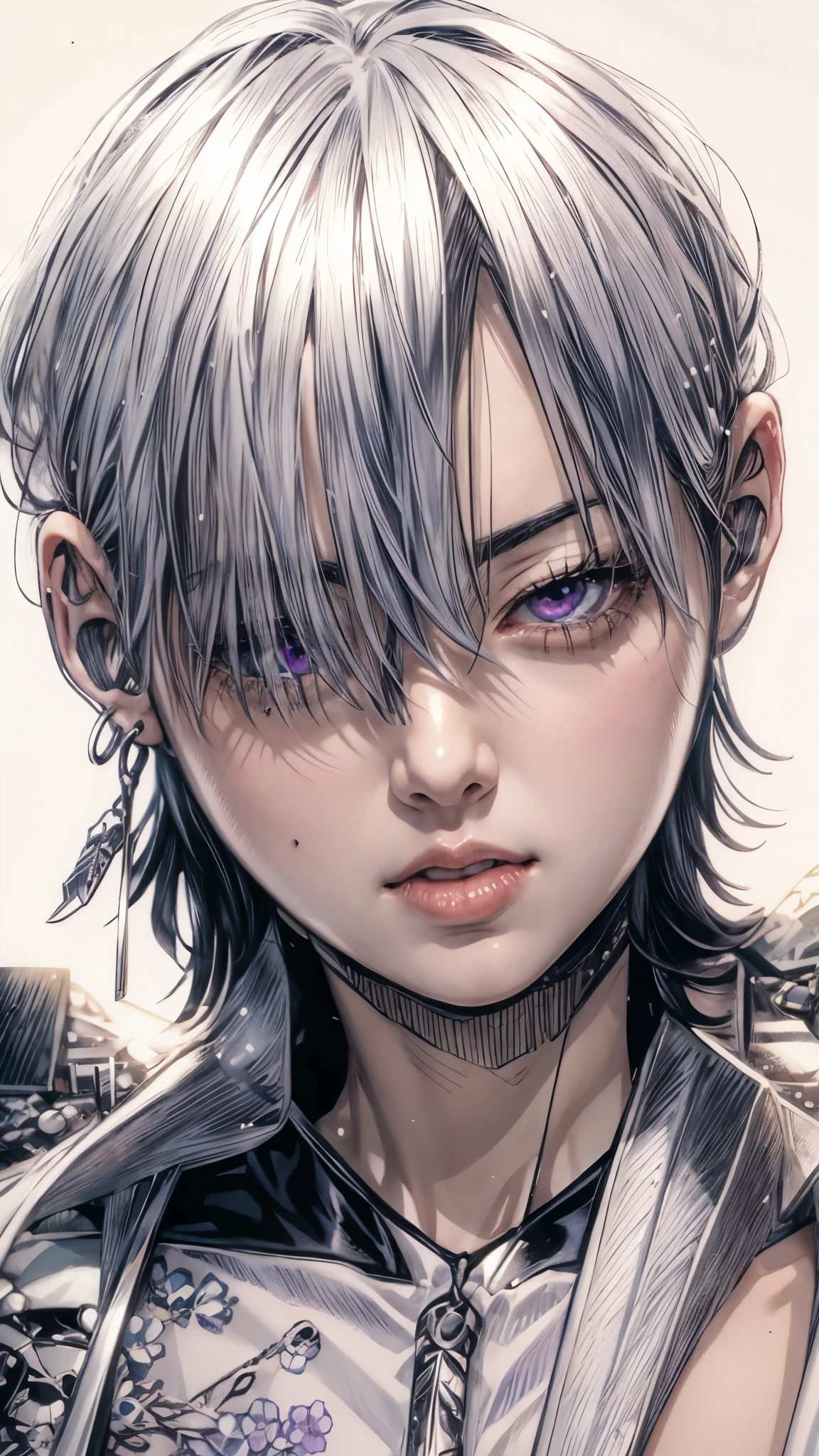 a close up of a white hair girl with a tie and a shirt, Takeda Kaneshiro, Wind Breaker, White hair, purple eyes, beautiful woman in demon slayer art, seinen manga portrait, manga style of kentaro miura, he has dark grey hairs, delicate androgynous prince, kentaro miura manga art style, chainsaw man manga, trigger anime artstyle, kentaro miura manga style, female anime character