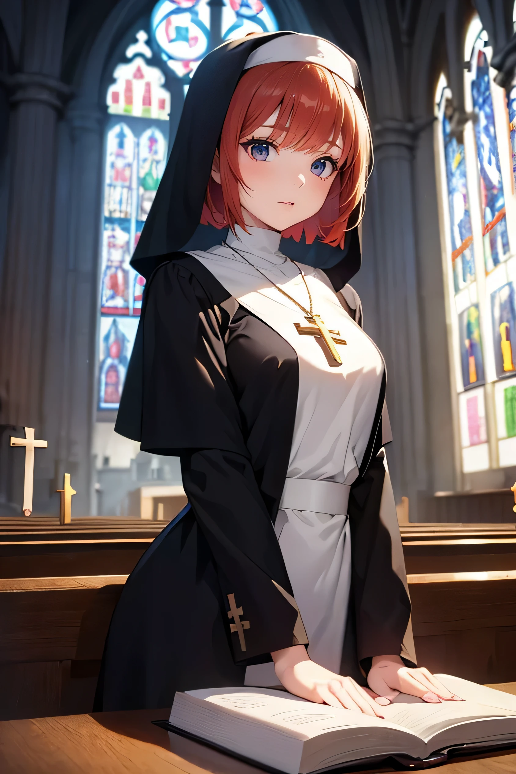Ginger hair, short hair, straight bangs, nun uniform, woman, illustrations, high-quality, ultra-detailed, realistic, vivid colors, portraits, warm tones, soft lighting. ((Necklace with a cross)). Woman.((Full body)) (Church)