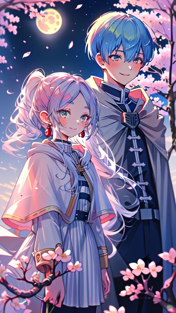 masterpiece, best quality, highres, 1girl frieren, white capelet striped shirt dress, 1boy himmel, cloak uniform smile, (cherry blossoms, cherry blossom, midnight, moon:1.1), (boy is smile:1.1),(boy looking at girl:1.2),(girl looking away:1.2)