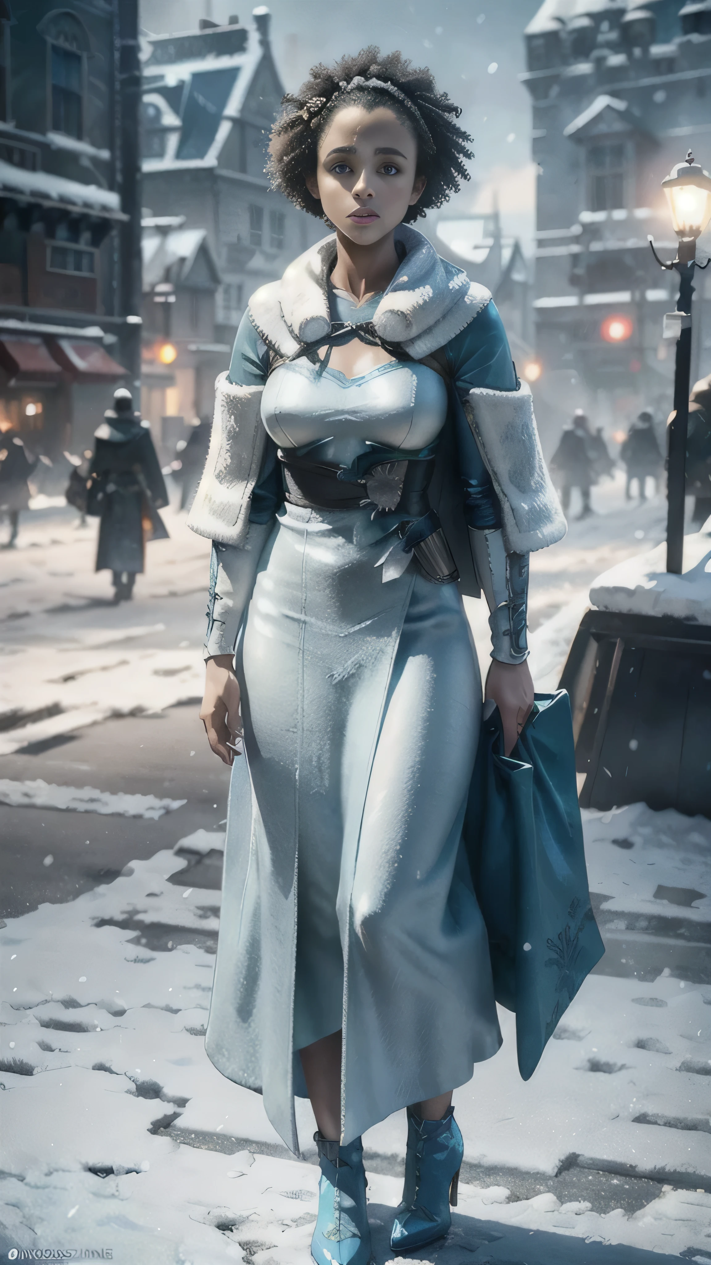 frostpunk, Nathalie Emmanuel as Missandei, light blue coat, high heels, holding tablet, standing in the busy street, winter, snow, cold, (1woman), (solo), full body view, beautiful detailed glow, detailed, cinematic light, intricate detail, realistic, highres, detailed facial features, high detail, sharp focus, smooth, aesthetic, extremely detailed, stamp, octane render