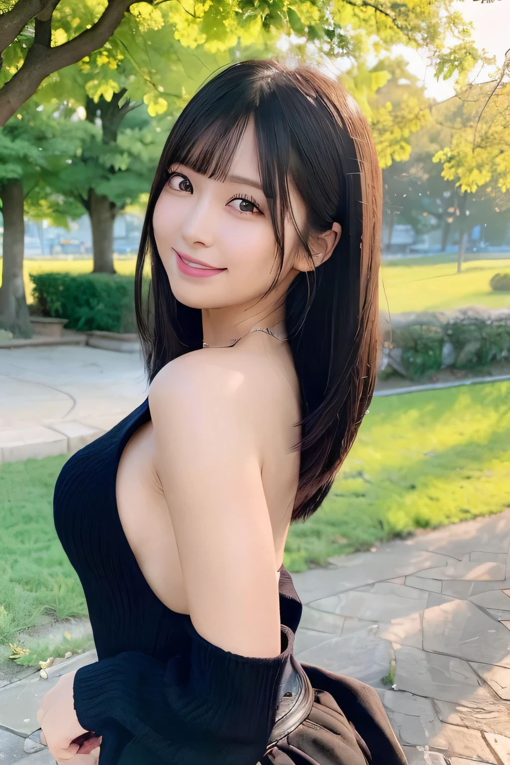 ((highest quality:1.2, 8k, Photorealistic:1.2, masterpiece:1.2, Super quality :1.2, Beautiful woman, Backlight, Highly detailed facial textures, Detailed beauty makeup, Realistic Skin, Double eyelids with attention to detail, Iris, fine bangs)), ({{{Ribbed sweater}}},Bare arms, Bare back,:1.2), (Park Background), (smile), (Shiny black details shining on bright hime cut hair), ((Cowboy Shot)), ((Low angle shot))