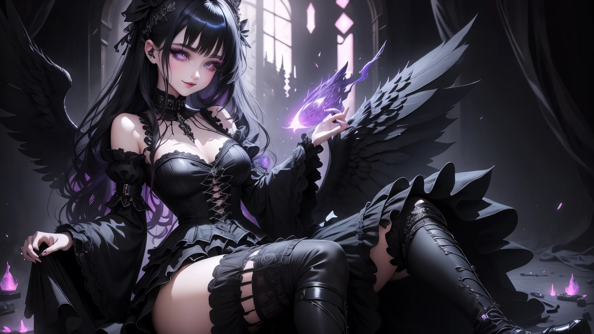 Gothic girl guitarist、Rock show、dark black eyeshadow、Good skin glow、Dark Goth、dark smile、fragrant beauty、22 years old、intense sexual pleasure expression、obscene expression、highest quality、mysterious、noble、super sexy、smile loving、double-tailed hair、black ruffled skirt、right blue eye, left eye is red、Super charming pose、platform heel shoes、Heavy makeup、Black lipstick、make the world beautiful、Gothic ta clothes、A little slimmer、 Silver hair、Long straight hair、Beautiful gothic loliress、Pretty face、Elegant features、Charming face、Knee socks、Chest shining with sweat、Gothic long dress、Rock concert background、The costume has pink embroidery、 Thigh-high socks