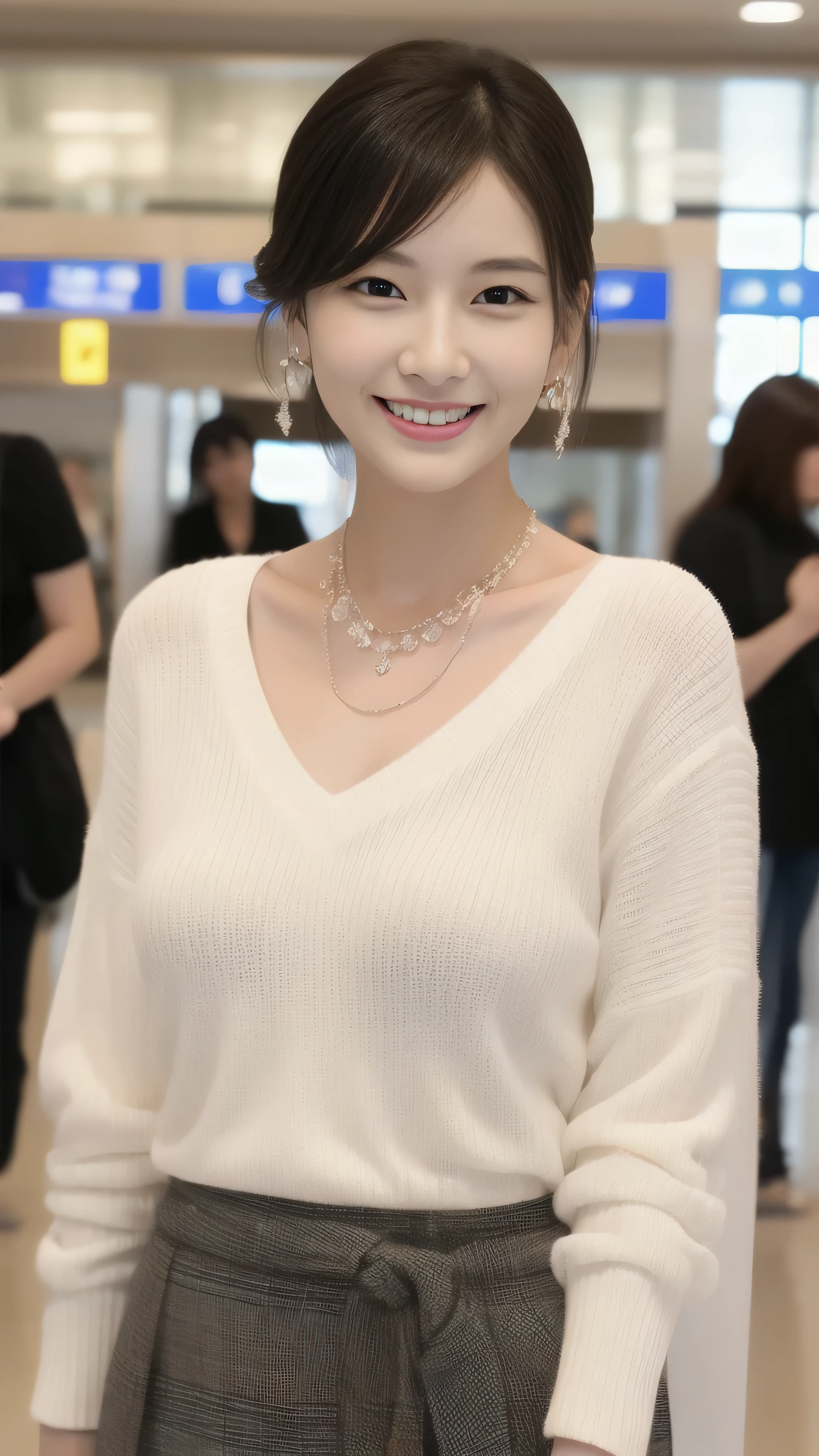 Hostess&#39;s face、Married women、Married Woman、Beauty、White knit shirt、skirt、high quality、Super Ultra Realistic、healthy、smile、Perfect figure、Japanese Beauty、 necklace、Earrings、Perfect eyes, beautiful skin、Upper Body、looking at the camera、Airport lobby