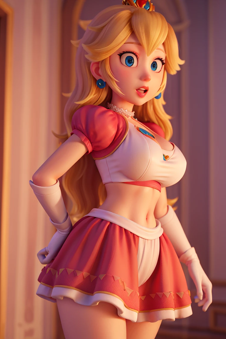 (high-quality detailed textures:1.2),princess peach,long sexy skirt,crop top,big breasts,deep neckline,peach-colored clothing,ultra-detailed,realistic,portrait,fantasy,soft lighting,vibrant colors, white thong 