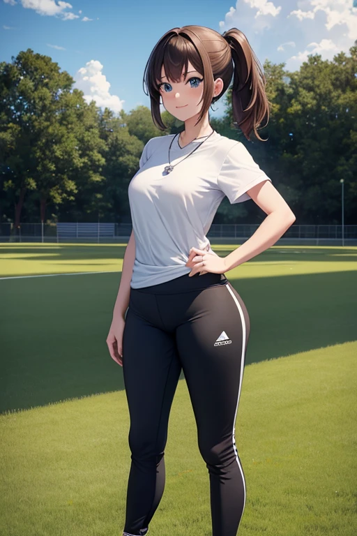 [((masterpiece)), ((HD)), ((high res)), ((full body portrait)), ((waist-up)), ((front view)), ((detailed shading)), ((soft textures)), ((intricate details)), ((anime girl)), ((cinematic)), {attractive; ((36 year old woman)), (brown hair), (short ponytail), (cute blue eyes), ((athletic body)), (curvy hips), (beautiful legs), (cute grin)}, {(white T-shirt), (Black gym sweat pants), (whistle necklace), (black tennis shoes)}, {(standing), (hands on hips), (looking ahead), (looking at viewer)}, [background; (grass plains), (school soccer field), (blue sky), (clouds in sky), (ambient lighting)]
