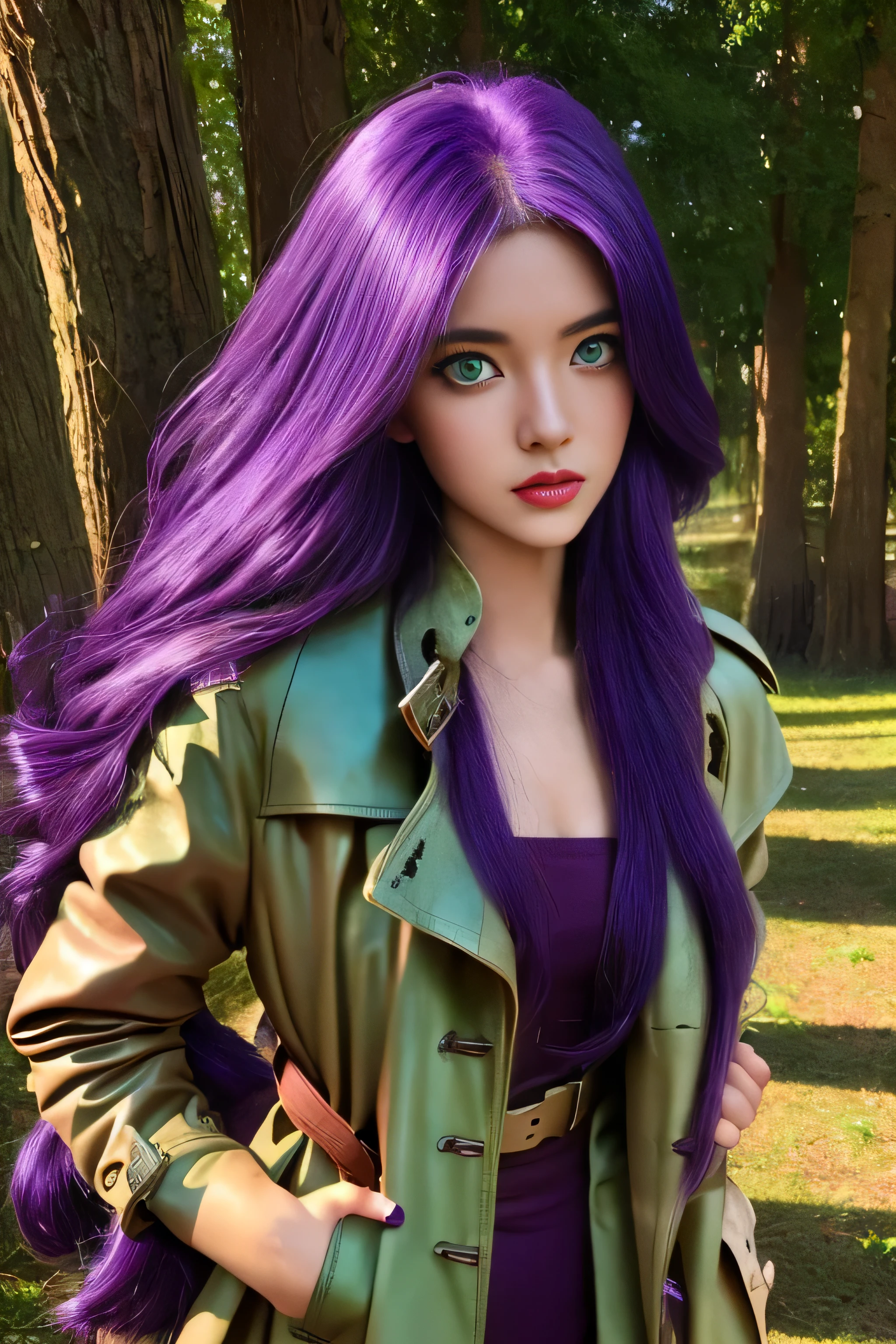 (A Chinese girl:1.2),Oval face,Brown skin,(25 years old:1.5),(Mature),(mature),(Purple Hair, Long hair:1.9), (breast:1.3),(Perfect lighting:1.5), (PurpleLong hair:1.9),(Beautifully detailed light green eyes:2.2),(Delicate light green eyes :1.35),photo,Standing,(Forest background:1.3),(modena trench coat:1.9),(Dark purple tie),(lilac tie),(White shirt:1.4), (Black high-waisted straight leg jeans :1.5), (Red knee-high leather boots:1.4),(Red over-the-knee leather boots :1.4),(masterpiece),best quality,8K resolution,close up,(Extreme HD),((Ultra-high resolution)),((Ultra HD)),((Very detailed pictures)),(Ultra HD Wallpaper),Realistic photo,High quality shadows,Highlight light and dark,Realistic lighting effects,Movie Lighting,multiple colour,8kmasterpiece,masterpiece,Key Light,acrylic paint,Portrait of a beautiful girl,