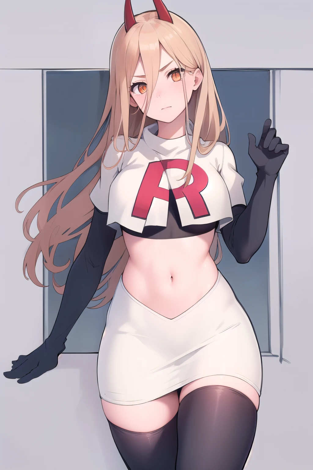 (masterpiece, best quality:1.2), solo, 1girl, power \(csm\), cross-shaped pupils, team rocket,team rocket uniform,white skirt,red letter R,crop top,black thigh-highs,black elbow gloves