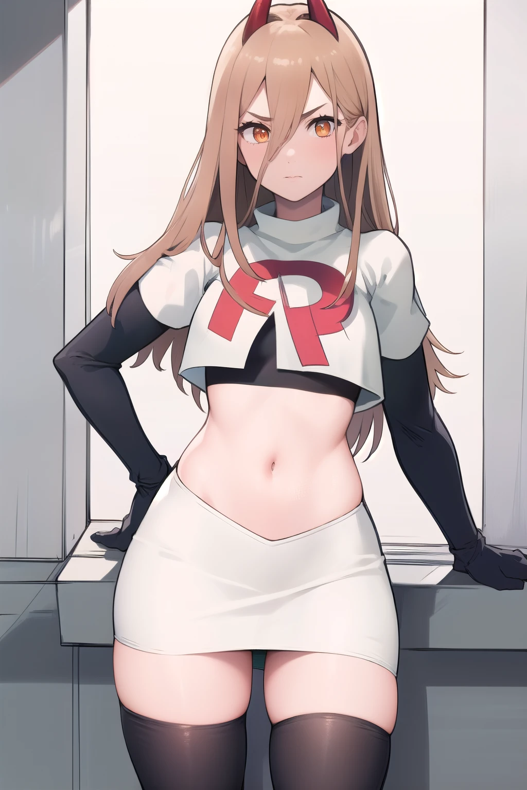 (masterpiece, best quality:1.2), solo, 1girl, power \(csm\), cross-shaped pupils, team rocket,team rocket uniform,white skirt,red letter R,crop top,black thigh-highs,black elbow gloves