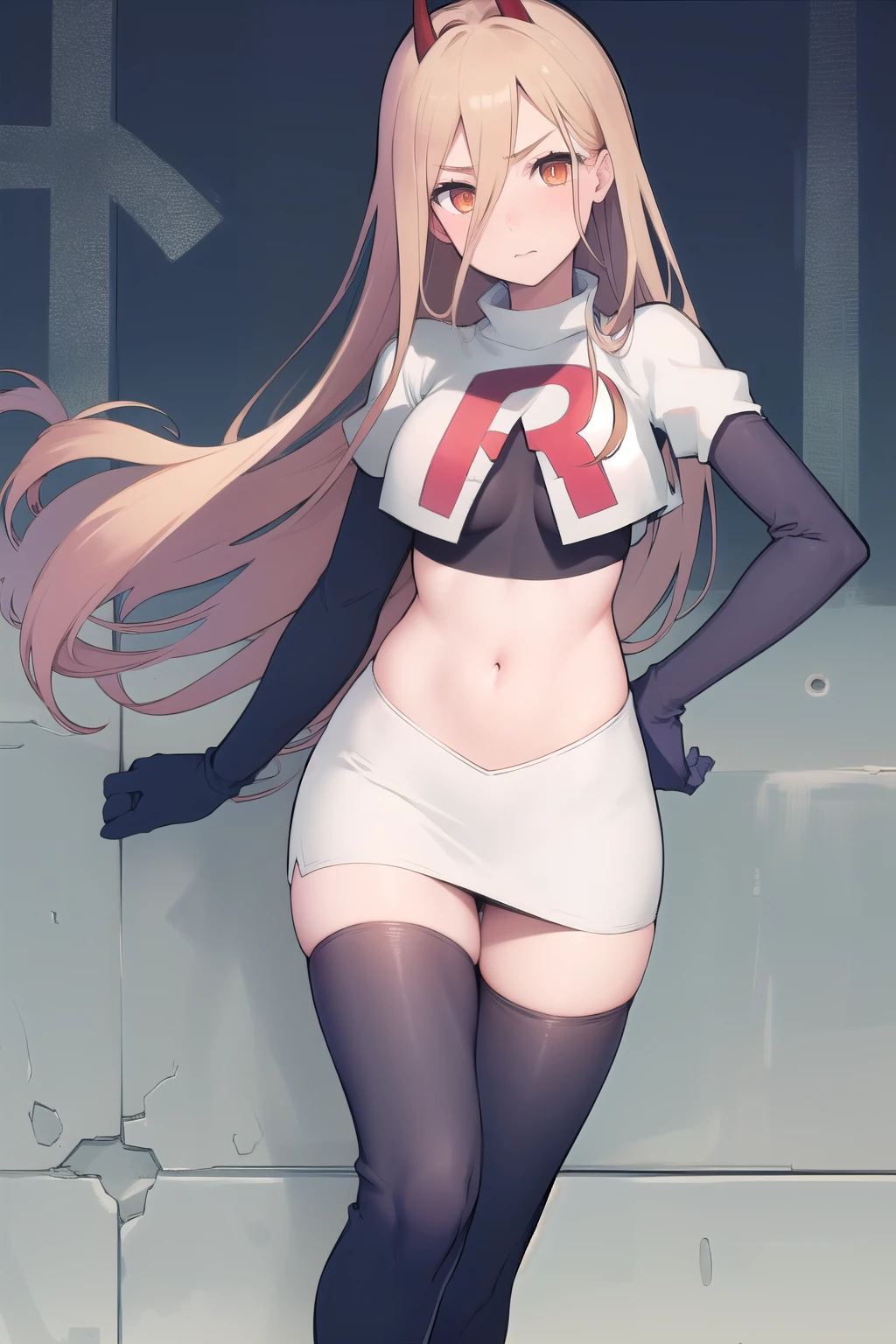 (masterpiece, best quality:1.2), solo, 1girl, power \(csm\), cross-shaped pupils, team rocket,team rocket uniform,white skirt,red letter R,crop top,black thigh-highs,black elbow gloves