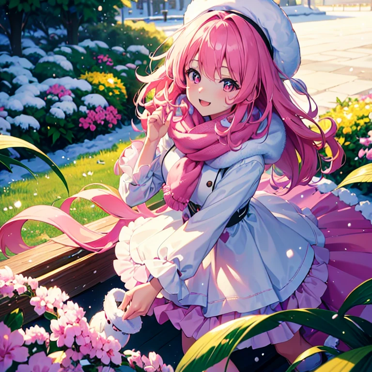 (best quality,4k,8k,highres,masterpiece:1.2),solo girl, 20 years old, medium hair, bright pink hair, pink eyes, medium-sized breasts, happy expression,pink coat,beret, fluffy scarf,maxi skirt, outdoor, winter, snow, highest quality, high resolution, extremely detailed, detailed background, perfect lighting,