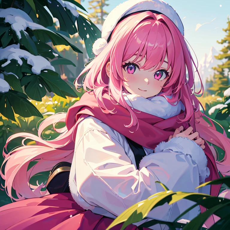 (best quality,4k,8k,highres,masterpiece:1.2),solo girl, 20 years old, medium hair, bright pink hair, pink eyes, medium-sized breasts, happy expression,pink coat,beret, fluffy scarf,maxi skirt, outdoor, winter, snow, highest quality, high resolution, extremely detailed, detailed background, perfect lighting,