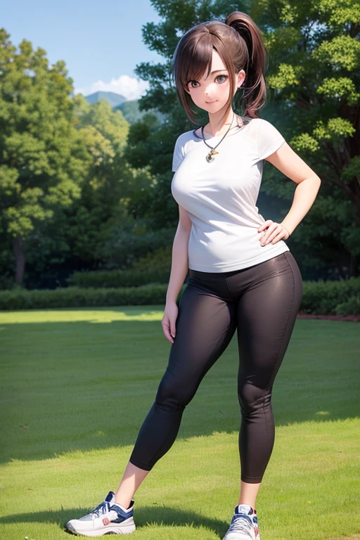 [((masterpiece)), ((HD)), ((high res)), ((full body portrait)), ((waist-up)), ((front view)), ((detailed shading)), ((soft textures)), ((intricate details)), ((anime girl)), ((cinematic)), {attractive; ((36 year old woman)), (brown hair), (short ponytail), (cute blue eyes), ((athletic body)), (curvy hips), (beautiful legs), (cute grin)}, {(white T-shirt), (Black gym sweat pants), (whistle necklace), (black tennis shoes)}, {(standing), (hands on hips), (looking ahead), (looking at viewer)}, [background; (grass plains), (school soccer field), (blue sky), (clouds in sky), (ambient lighting)]
