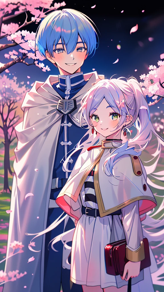 masterpiece, best quality, highres, 1girl frieren, white capelet striped shirt dress, 1boy himmel, cloak uniform smile, (cherry blossoms, cherry blossom, midnight, moon:1.1), (boy is smile:1.1),(boy looking at girl:1.2),(girl looking away:1.2)