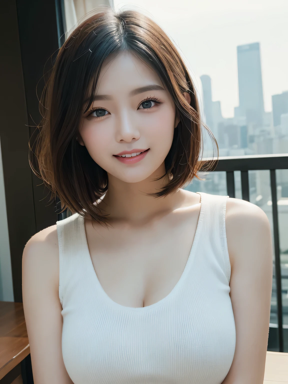 Tabletop, highest quality, Photorealistic, In detail, High resolution, 8k wallpaper, Perfect dynamic composition, Beautiful fine details, Medium short wavy hair, Big ample breasts, My chest is shining with sweat、Random sexy poses,Random Situation、(Ultra tight sleeveless knit 1.3)、Breast bulge、Laughter、Beautiful old Asian cityscape、Age 25、(Droopy Eyes 1.3)、Adult Beauty、Natural Makeup、Japanese、Iris