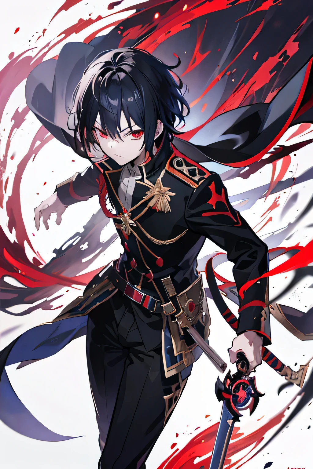 Anime boy fighting with a sword, shadow young wizard, Epic anime style, anime key artโดยละเอียด, Shadowverse style, Fantasy style anime, devil man, anime key art, Red eyes, black hair, commander's uniform,Fencing