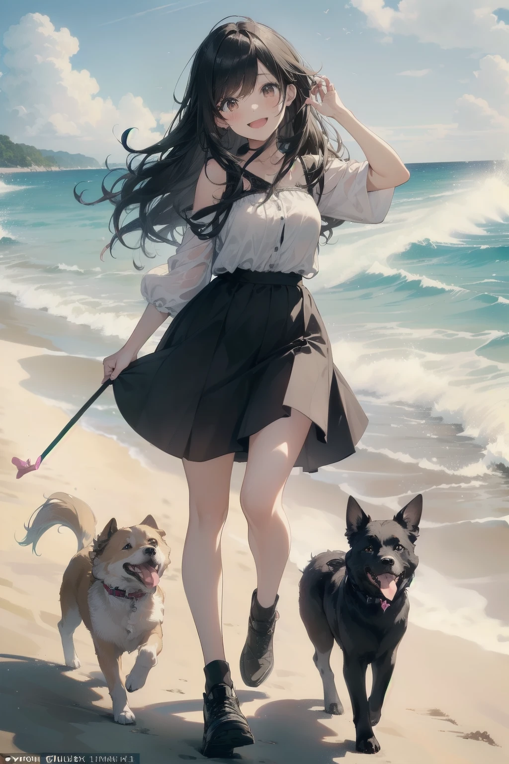 ((Top-quality: 1.2, Masterpiece: 1.4)) A pink convertible car is gracefully driving by, ((wind in hair: 1.1)) with the wind gently ruffling its owner's (( Jet black hair: 1.2, Beach wave: 1.1)) as they look out, ((smiling: 1.1, Lean forward: 1.1)). In the distance, a playful yellow retriever dog is at the beach, ((fetching stick: 1.1, Wagging tail: 1.1)) with its tongue sticking out, ((joyful expression: 1.1, Long ears flapping: 
