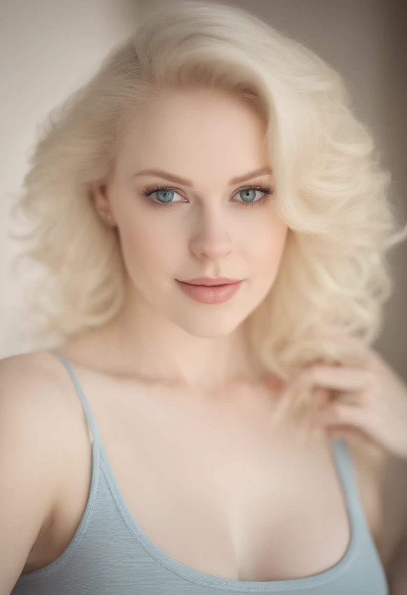 young woman with matching tank top and panties, Sexy girl with blue eyes, (pale white skin, gigantic breasts and narrow waist, blonde hair and large eyes),white and porcelain pale skin, very very gigantic breasts, albino, white and pale skin,very gigantic breasts, Selfie, Natural makeup,very very pale white skin, porcelain pale skin, very very very pale white skin, gigantic breasts, very very pale white skin, pale skin, curly blonde hair, pale white skin, Stunning full body shot,