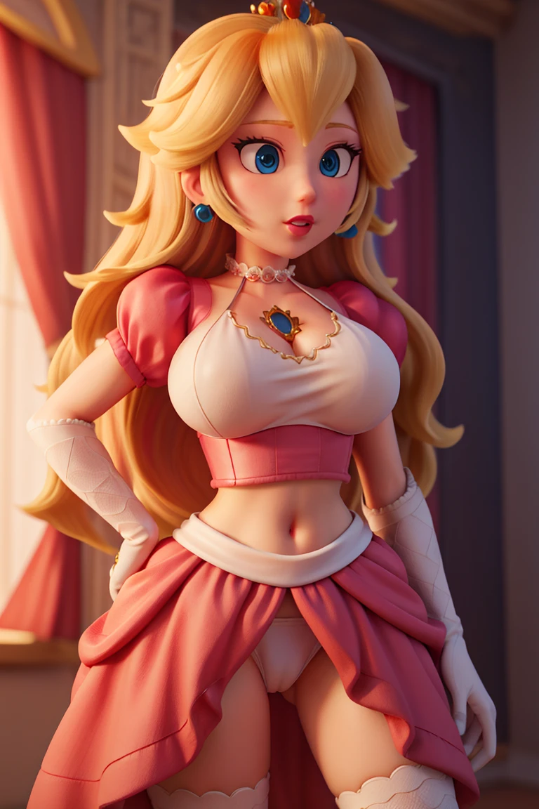 (high-quality detailed textures:1.2),princess peach,long sexy skirt,crop top,big breasts,deep neckline,peach-colored clothing,ultra-detailed,realistic,portrait,fantasy,soft lighting,vibrant colors, white thong 