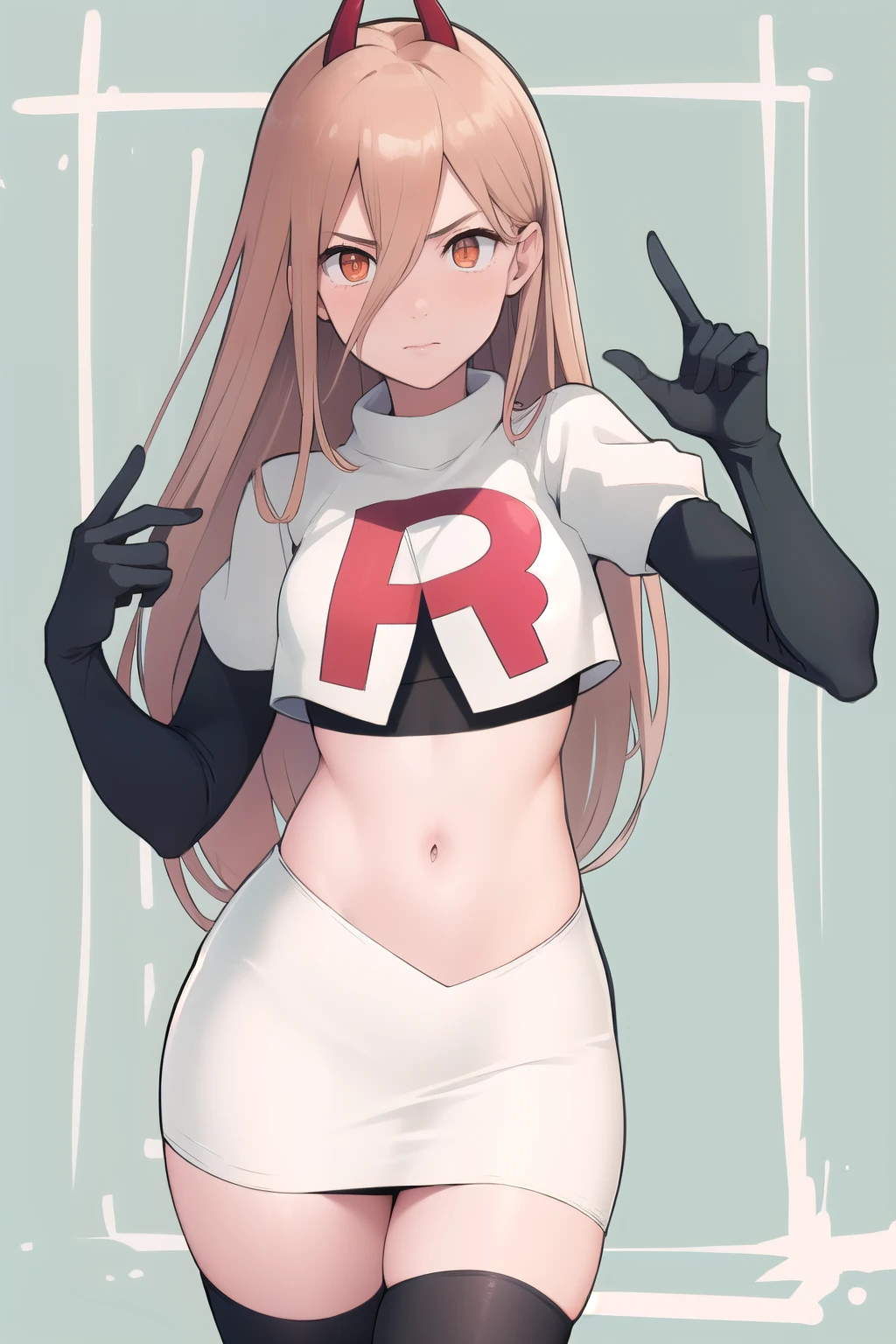 (masterpiece, best quality:1.2), solo, 1girl, power \(csm\), cross-shaped pupils, team rocket,team rocket uniform,white skirt,red letter R,crop top,black thigh-highs,black elbow gloves