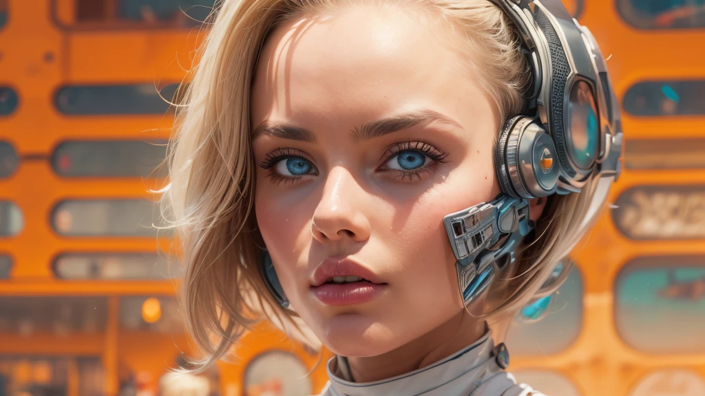 arafed image of a white woman in a futuristic suit with a spaceship in the background, movie art, in front of an orange background, inspired by Robert McGinnis, female protagonist, megastructure in the background, portrait of an ai astronaut, astronauts, an astronaut, portrait of a astronaut skeletor, perfect android girl, detailed eyes, perfectly detailed teeth, frank franzzeta and sakimichan