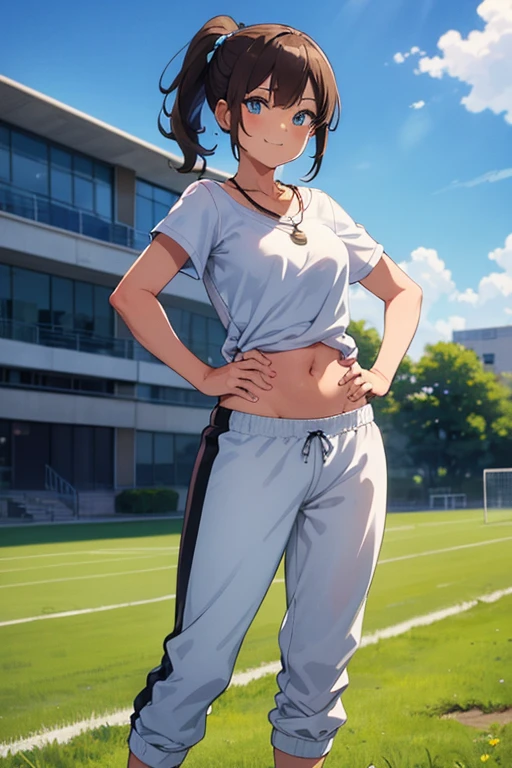 [((masterpiece)), ((HD)), ((high res)), ((full body portrait)), ((waist-up)), ((front view)), ((detailed shading)), ((soft textures)), ((intricate details)), ((anime girl)), ((cinematic)), {attractive; ((36 year old woman)), (brown hair), (short ponytail), (cute blue eyes), ((athletic body)), (curvy hips), (beautiful legs), (cute grin)}, {(white T-shirt), (Black gym sweat pants), (whistle necklace), (black tennis shoes)}, {(standing), (hands on hips), (looking ahead), (looking at viewer)}, [background; (grass plains), (school soccer field), (blue sky), (clouds in sky), (ambient lighting)]
