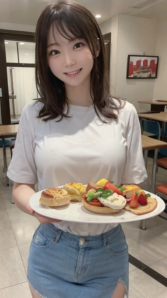 Best Quality、Detailed Background、With a girl、big、cafeteria、bird、summer、summer休み、Realistic、Hotel breakfast、Heaping on the Viking、Lots of food with a happy smile、Show your side to the camera、Casual attire、