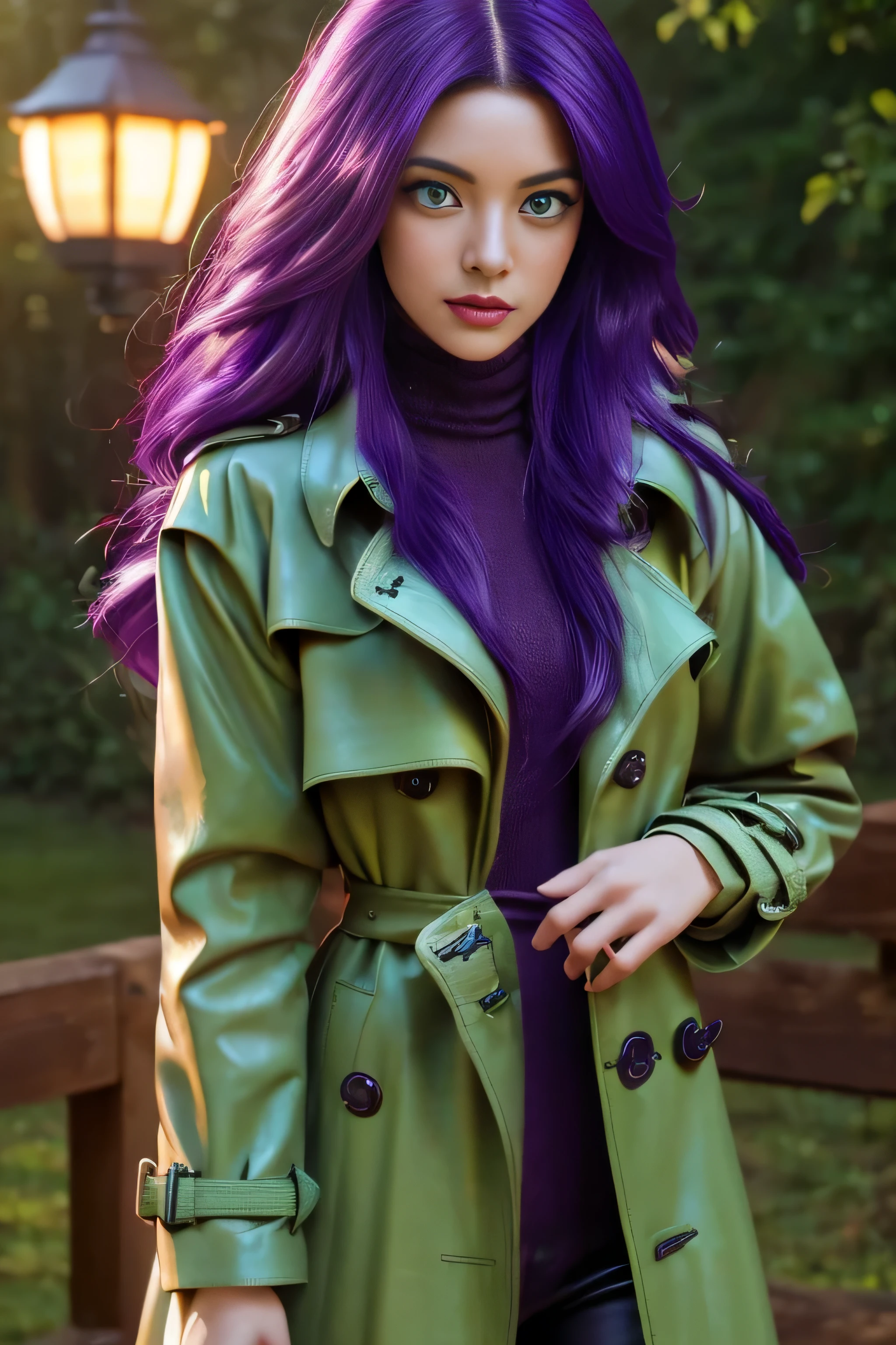 (A Chinese girl:1.2),Oval face,Brown skin,(25 years old:1.5),(Mature),(mature),(Purple Hair, Long hair:1.9), (breast:1.3),(Perfect lighting:1.5), (PurpleLong hair:1.9),(Beautifully detailed light green eyes:2.2),(Delicate light green eyes :1.35),photo,Standing,(Forest background:1.3),(modena trench coat:1.9),(Dark purple tie),(lilac tie),(White shirt:1.4), (Black high-waisted straight leg jeans :1.5), (Red knee-high leather boots:1.4),(Red over-the-knee leather boots :1.4),(masterpiece),best quality,8K resolution,close up,(Extreme HD),((Ultra-high resolution)),((Ultra HD)),((Very detailed pictures)),(Ultra HD Wallpaper),Realistic photo,High quality shadows,Highlight light and dark,Realistic lighting effects,Movie Lighting,multiple colour,8kmasterpiece,masterpiece,Key Light,acrylic paint,Portrait of a beautiful girl,