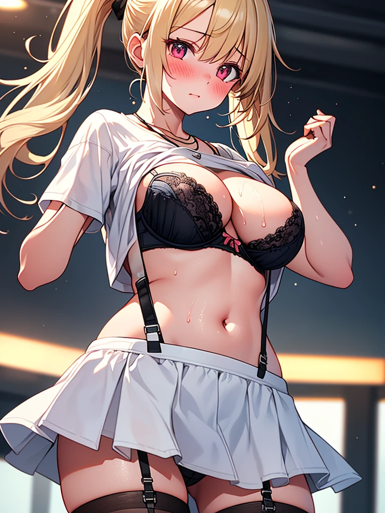 (highest quality, High resolution, perfect pixel, Depth of bounds written, 4K), (from above), detailed eyes, (1 girl), perfect body, medium breasts, blond hair, (side ponytail), (white t-shirt lift:1.5), (show off bra:1.2), (v-neck), (black suspender skirt), necklace, (kneehighs), bellybutton, (standing), (hand on chin:1.2), (looking up), blush, embarrassed, wet,