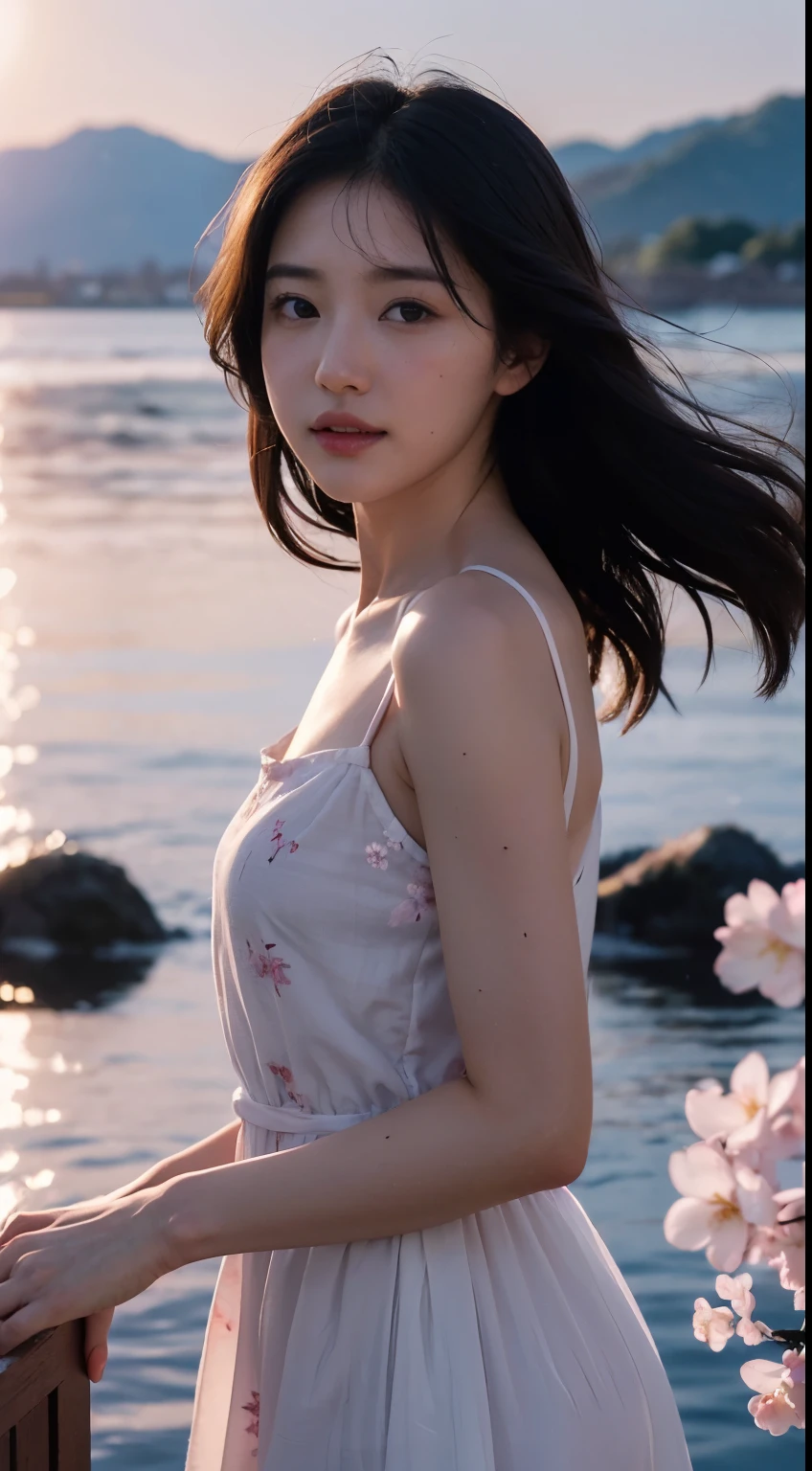 (logo、masterpiece、8k、Tabletop、RAW Photos、wonderful、最high quality、Photorealistic and Very detailed CG integrated 8k wallpaper、high quality、Very detailed、Narrative poem、Particle Effects、Dynamic Effects、Written boundary depth、Cinematic Light、Lens flare、Ray Tracing)、Fantasy、 (One beautiful woman、dress、dress、Cherry blossom pattern、Black-haired、Beautiful Face、True Face、Beautiful details、eye、Beautiful Skin)、私の髪はWindに舞う、Hair flutters in Wind、Hair bounces、Pink cherry blossom tree、Petals fluttering、SakuraFubuki、wonderful scenery、sunrise、Sun in the background、Wind