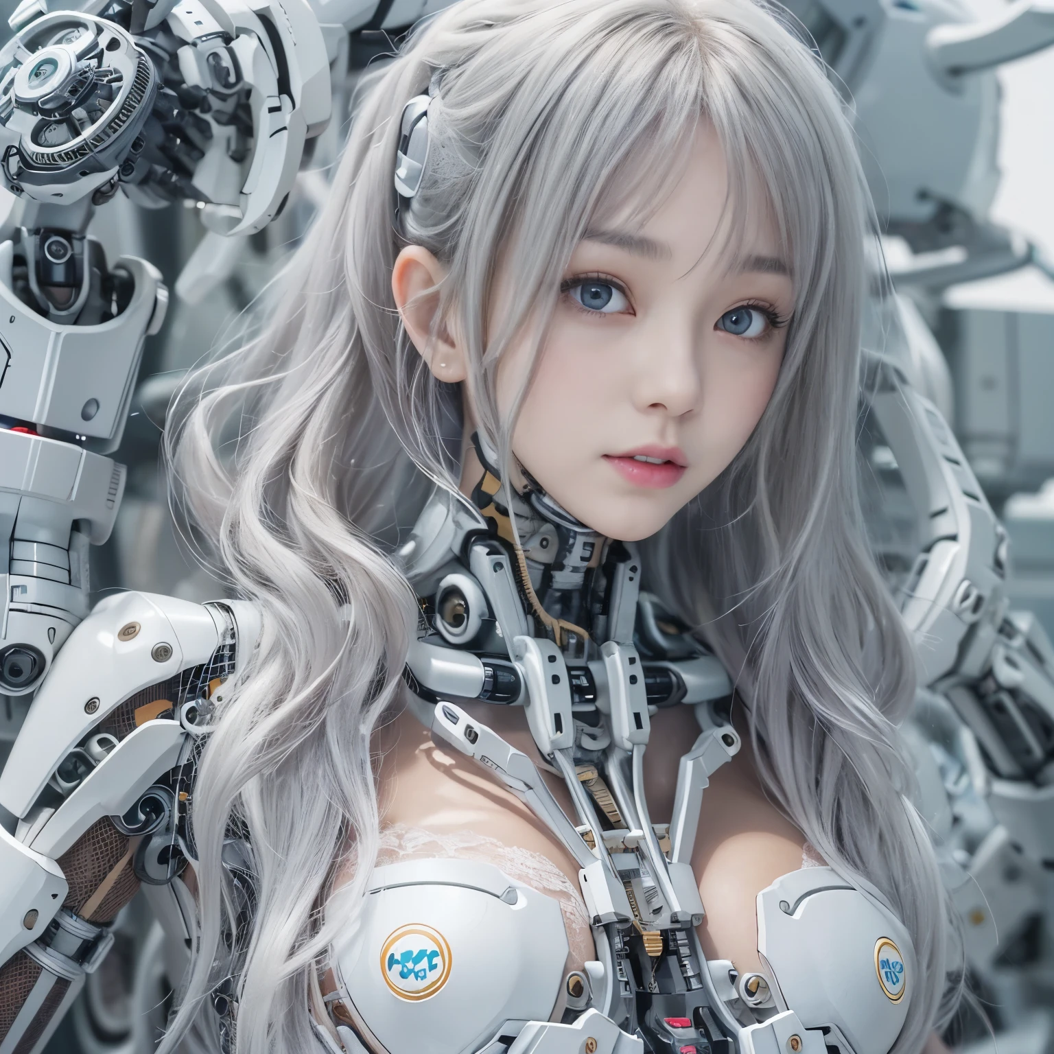 Beautiful Face,Face is Japanese,((1 female)), big, Curvaceous, (16k, RAW Photos, highest quality, masterpiece: 1.2), (HDR, Realistic, Realistic: 1.37), (Tube attached to the body), ((((Lace pattern bikini cyborg robot parts)))), (Light grey hair), Long Hair, Wavy Hair, Twin tails, Medium Shot, (Captivating smile)), (Iris), double eyelid,  From below,((whole body)),Strike a Pose,In the lab,((Mechanical vertebrae attached to the back)),((Mechanical neck attached to the neck)),(Character Focus),SF,The perfect woman,完璧なanatomy, anatomy, whole bodyショット, Up to 4 fingers and 1 thumb,