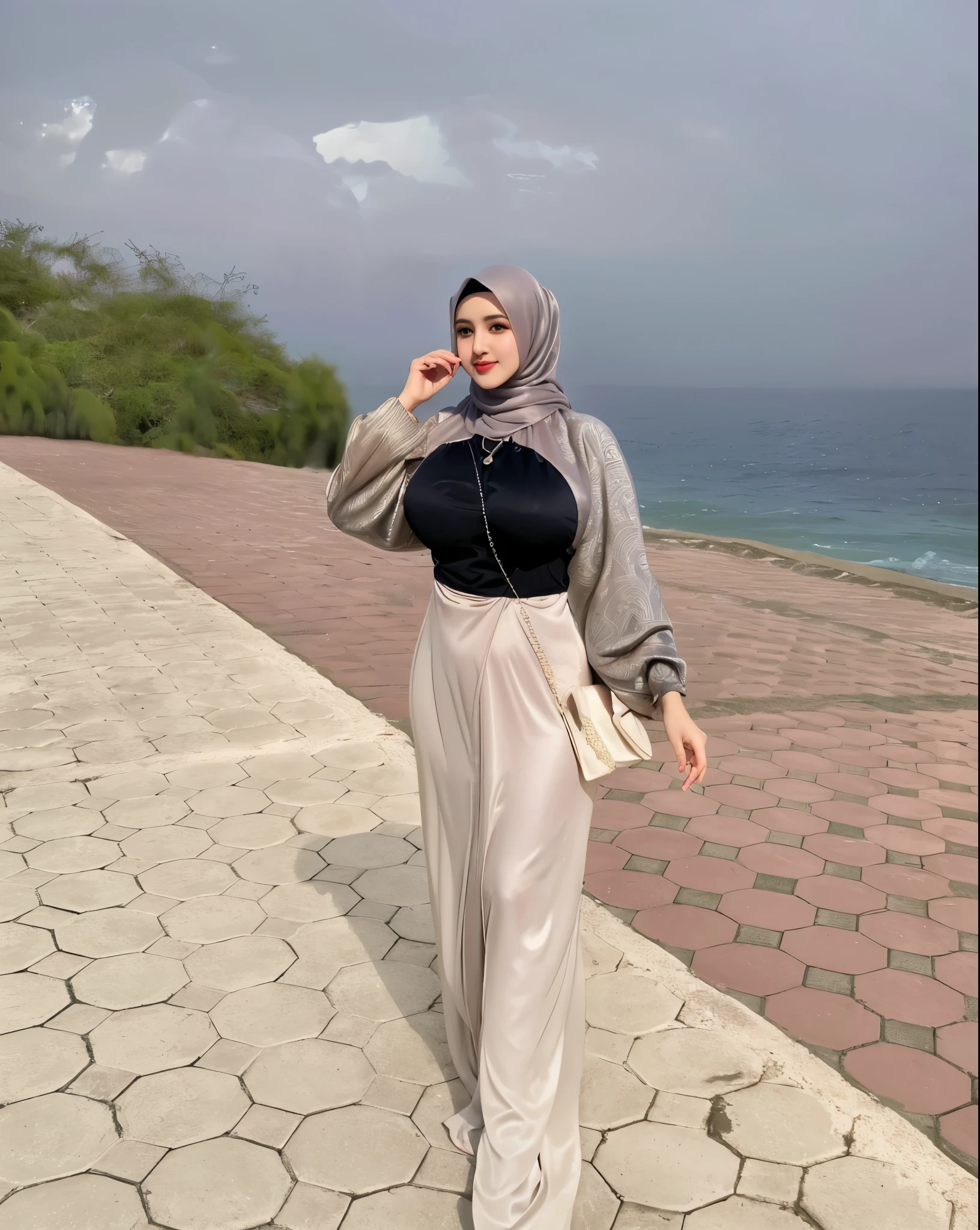 RAW photo of a 24 year old girl wearing hijab, satin abaya sexy sea foam , satin, hijab face portrait,((tp background)), 8k uhd, dslr, soft lighting, high quality, film grain, Fujifilm XT3, covered dress, patterned dress, ((gigantic breasts:1.5)) , (detailed nipple)