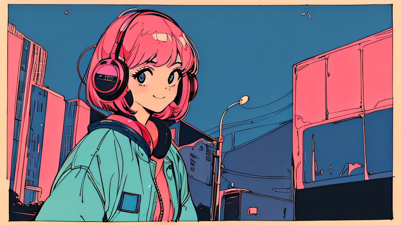 master piece, City Pop style, Pink Hair, fluffy bob cut, alone, (( wearing headphones )), Futuristic, yet, lofi, retro, vintage, Ghost, light smile, looking at the starry sky, (( wide shot ))